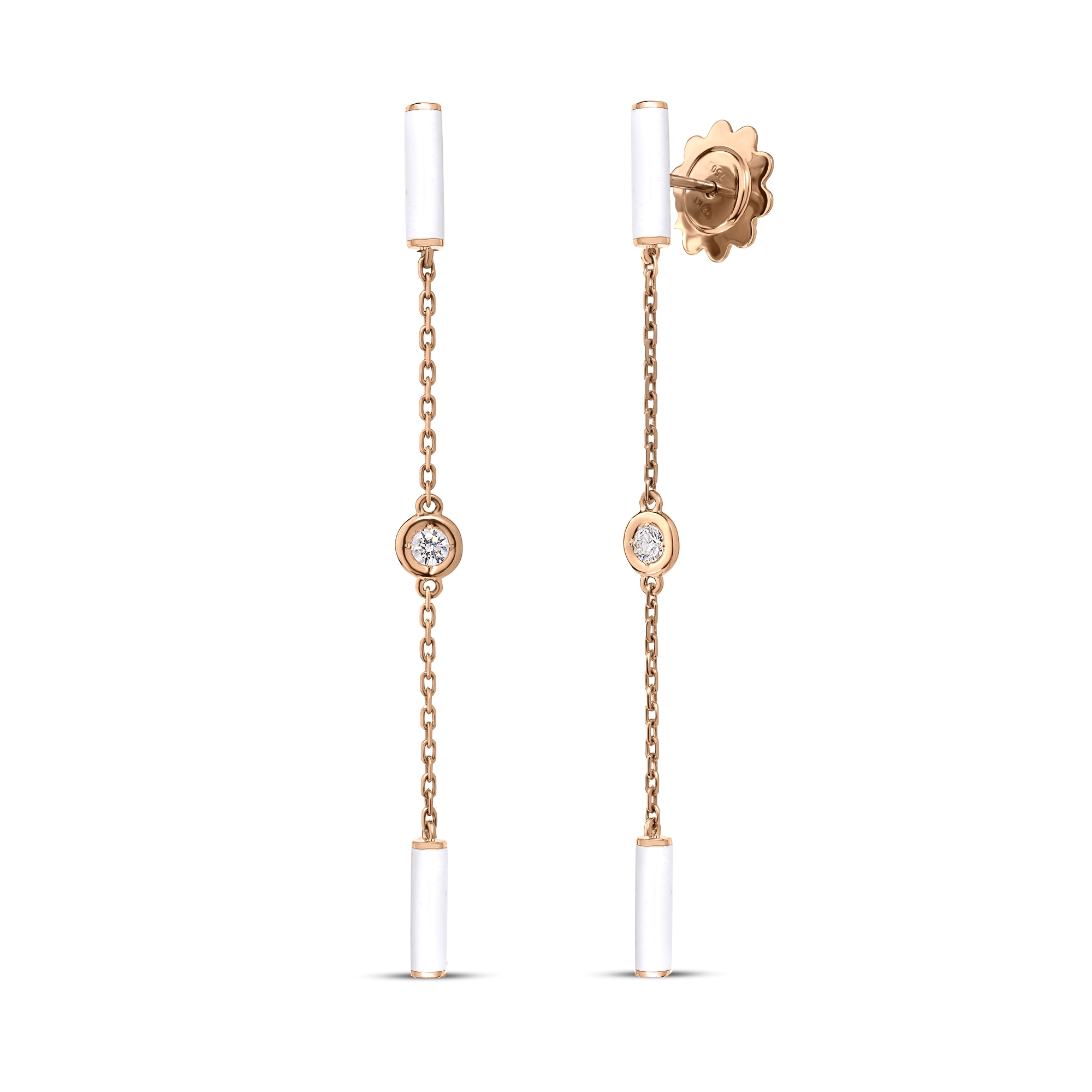 18k Rose Gold Diamonds By The Inch White Enamel Bar And Bezel Station Dangle Earrings