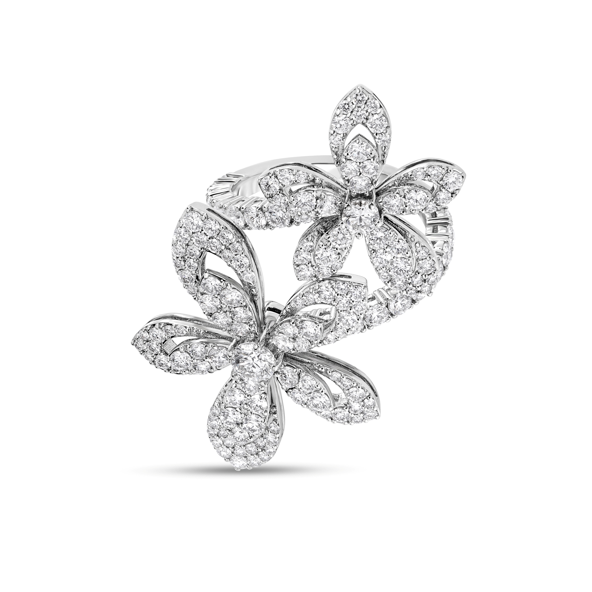 18k White Gold Tiare Pave Diamond Double Flower Bypass Ring