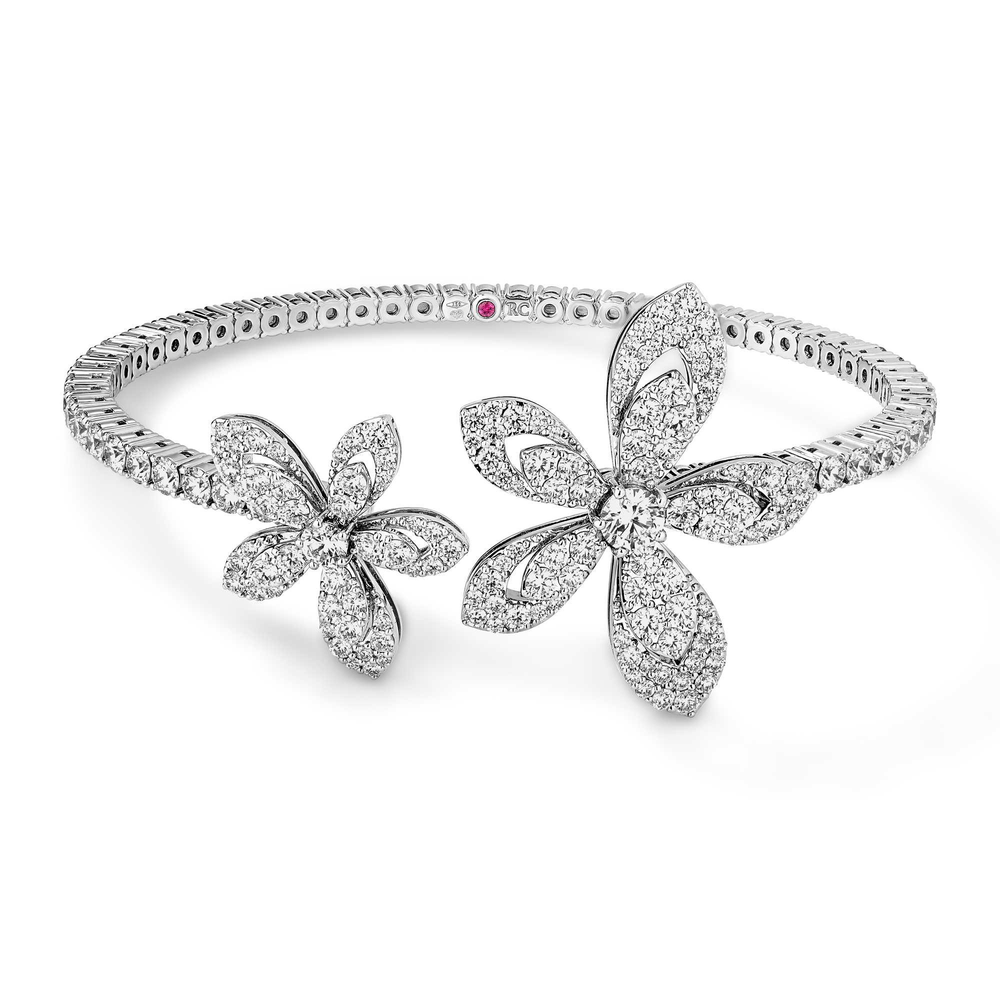 18k White Gold Tiare Pave Diamond Double Flower Cuff Bangle