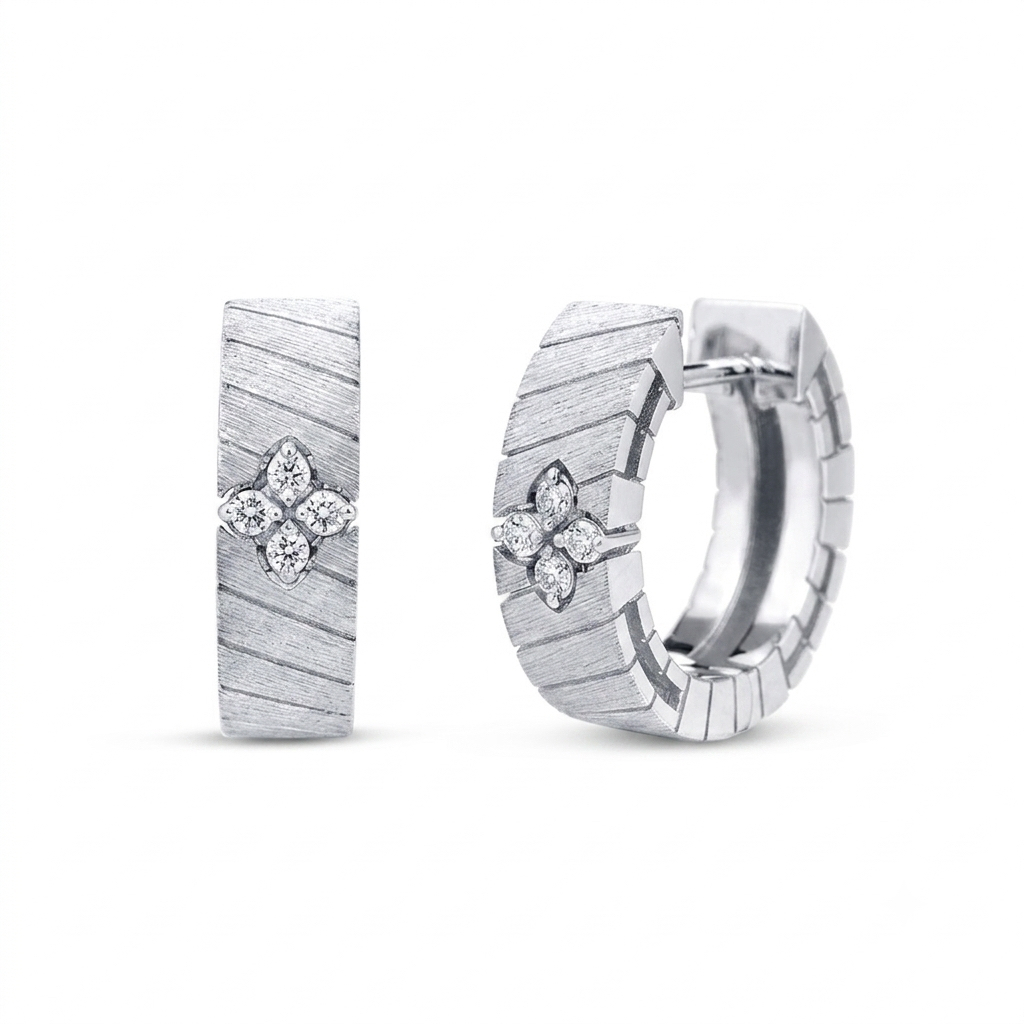 18k White Gold Love In Verona Ridged Diamond Hoop Earrings