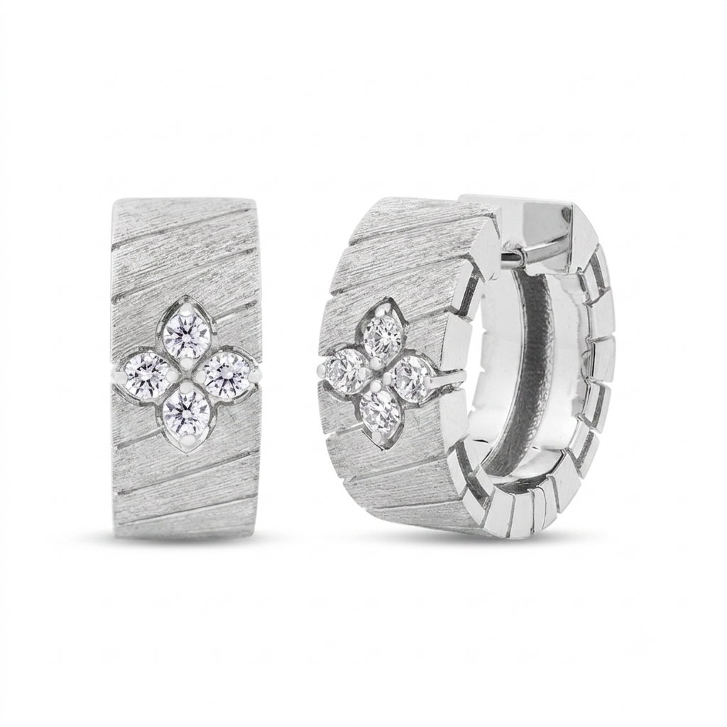 18k White Gold Love In Verona Wide Ridged And Satin Finish Diamond Hoop Earrings