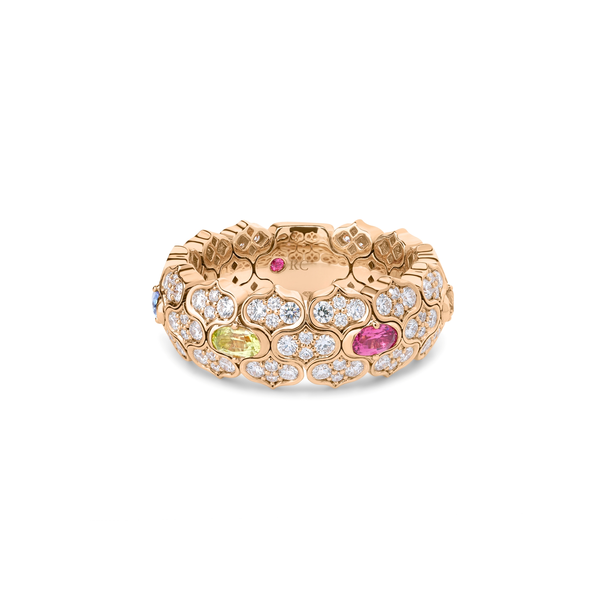 18k Rose Gold Cobra Diamond And Mixed Stones (blue Topaz, Citrine, Peridot, Rubellite, And Ruby) Ring