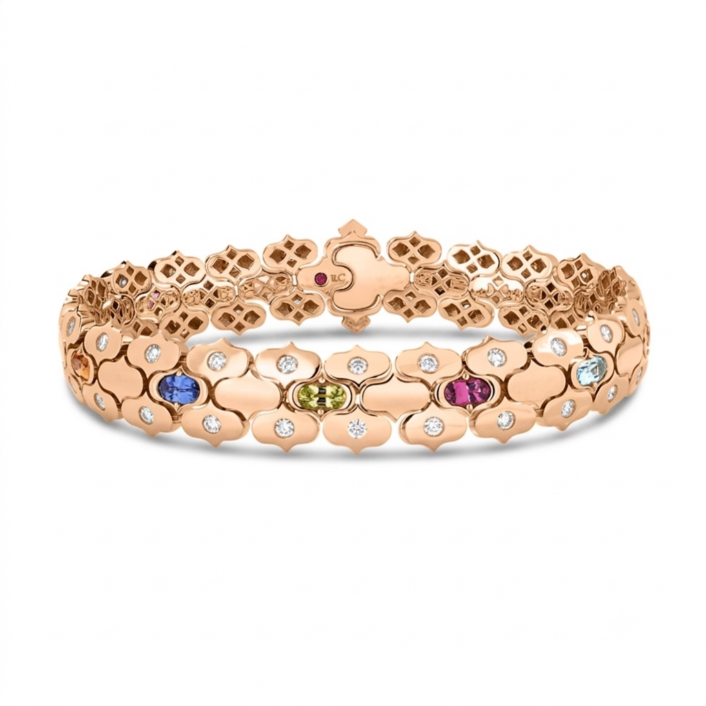 18k Rose Gold Cobra Diamond And Mixed Stones (blue Topaz, Citrine, Peridot, Ruby, And Rubellite) Bracelet