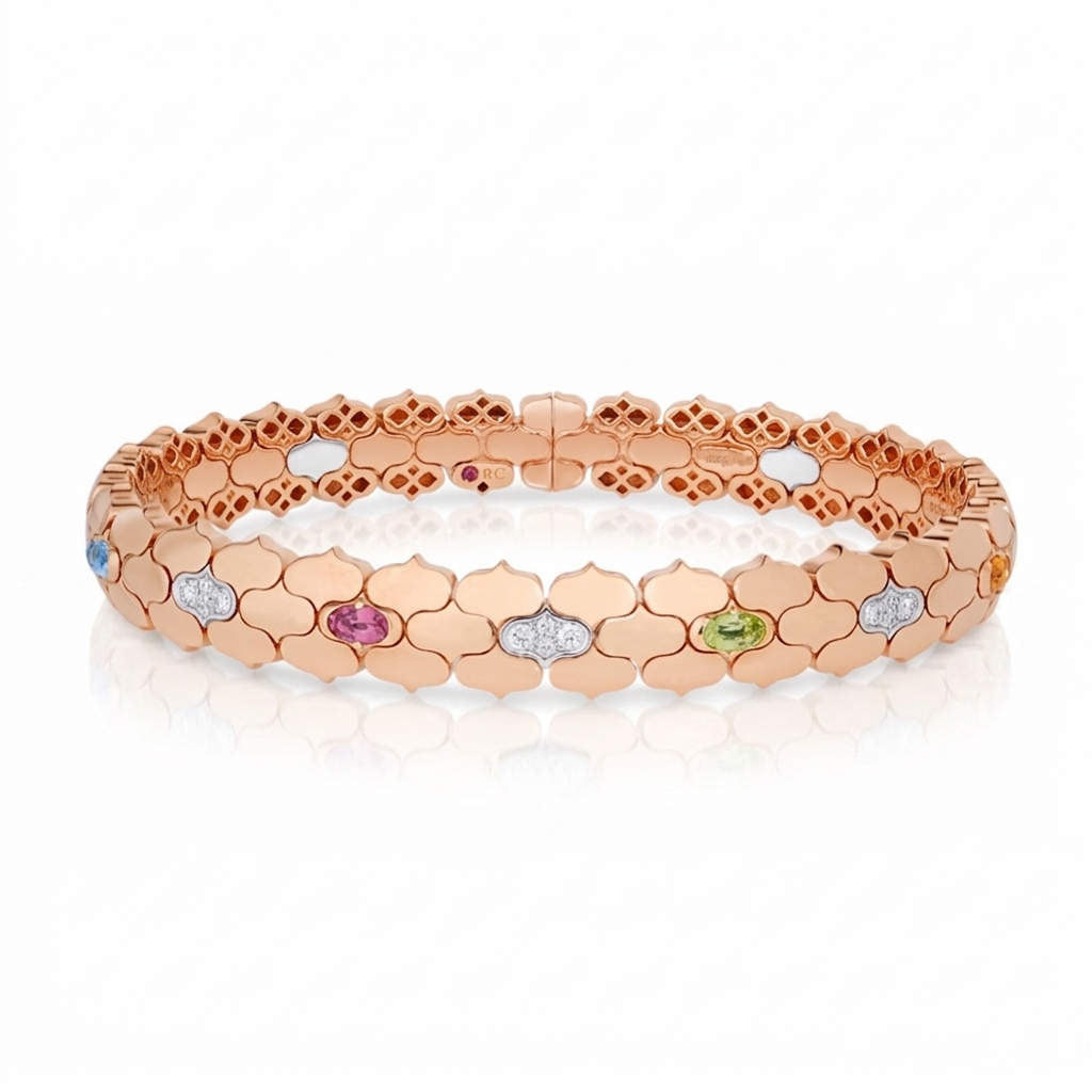 18k Rose/white Gold Cobra Diamond And Mixed Stones (blue Sapphire, Blue Topaz, Citrine, Peridot, Ruby, And Rubellite) Cuff Bangle