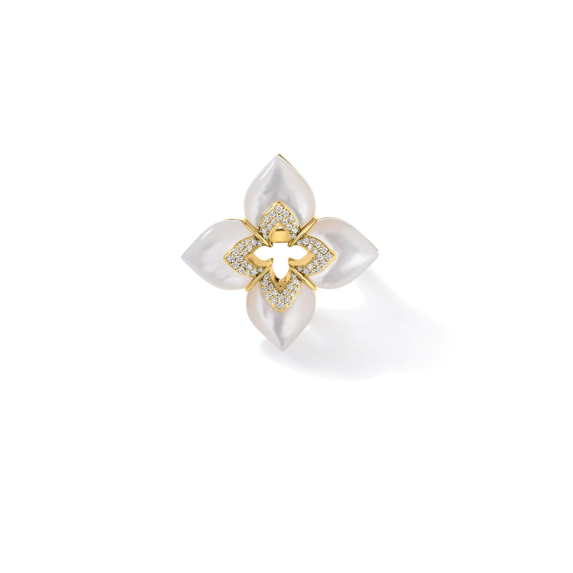 18k Yellow Gold Venetian Princess Cabochon Diamond & Mother Of Pearl Flower Ring