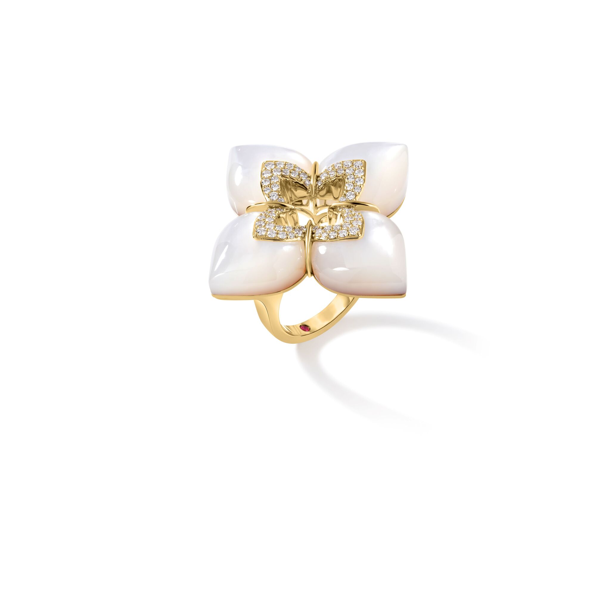 18k Yellow Gold Venetian Princess Cabochon Diamond & Mother Of Pearl Flower Ring