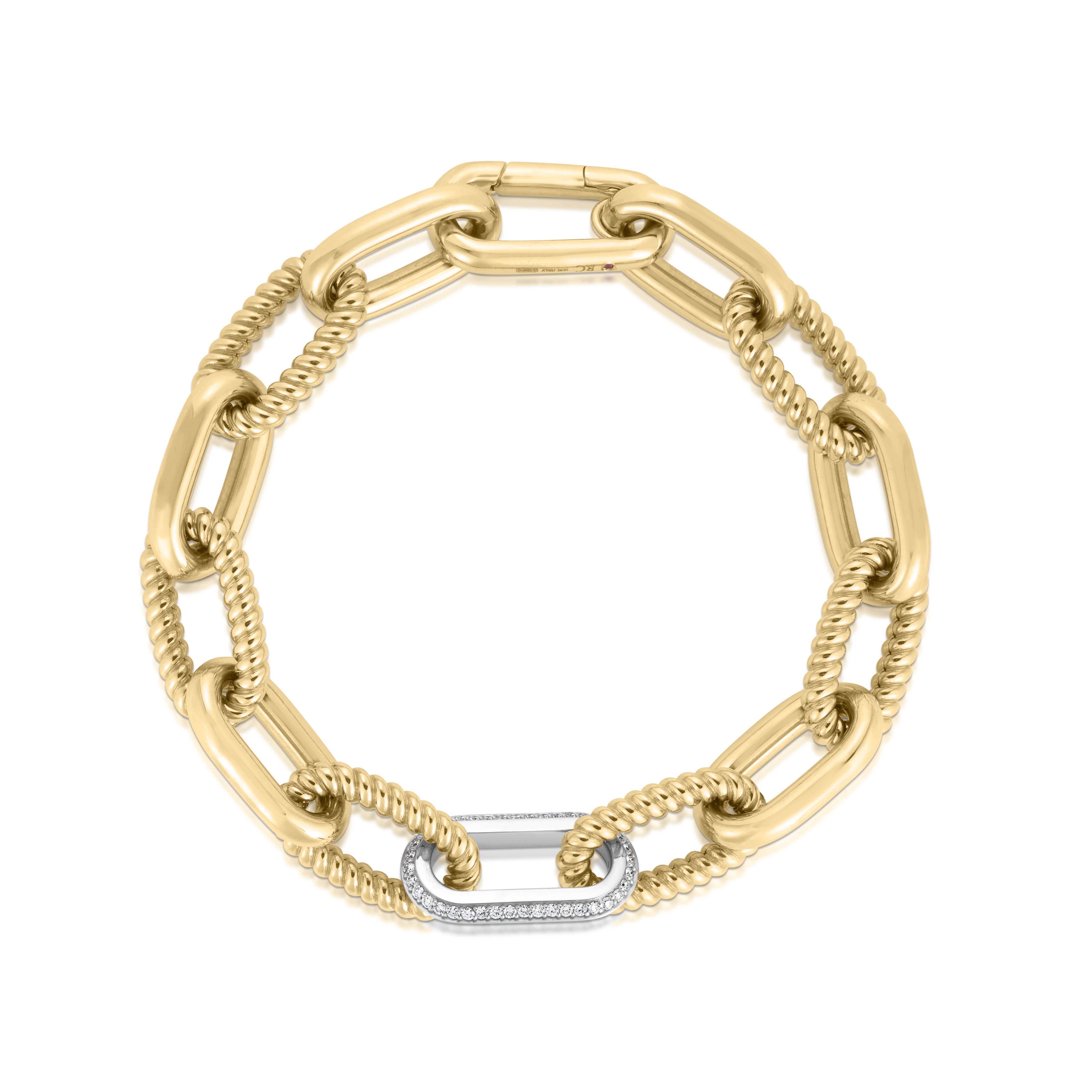 18k Yellow Designer Gold Alternating & Diamond Paperclip Link Bracelet
