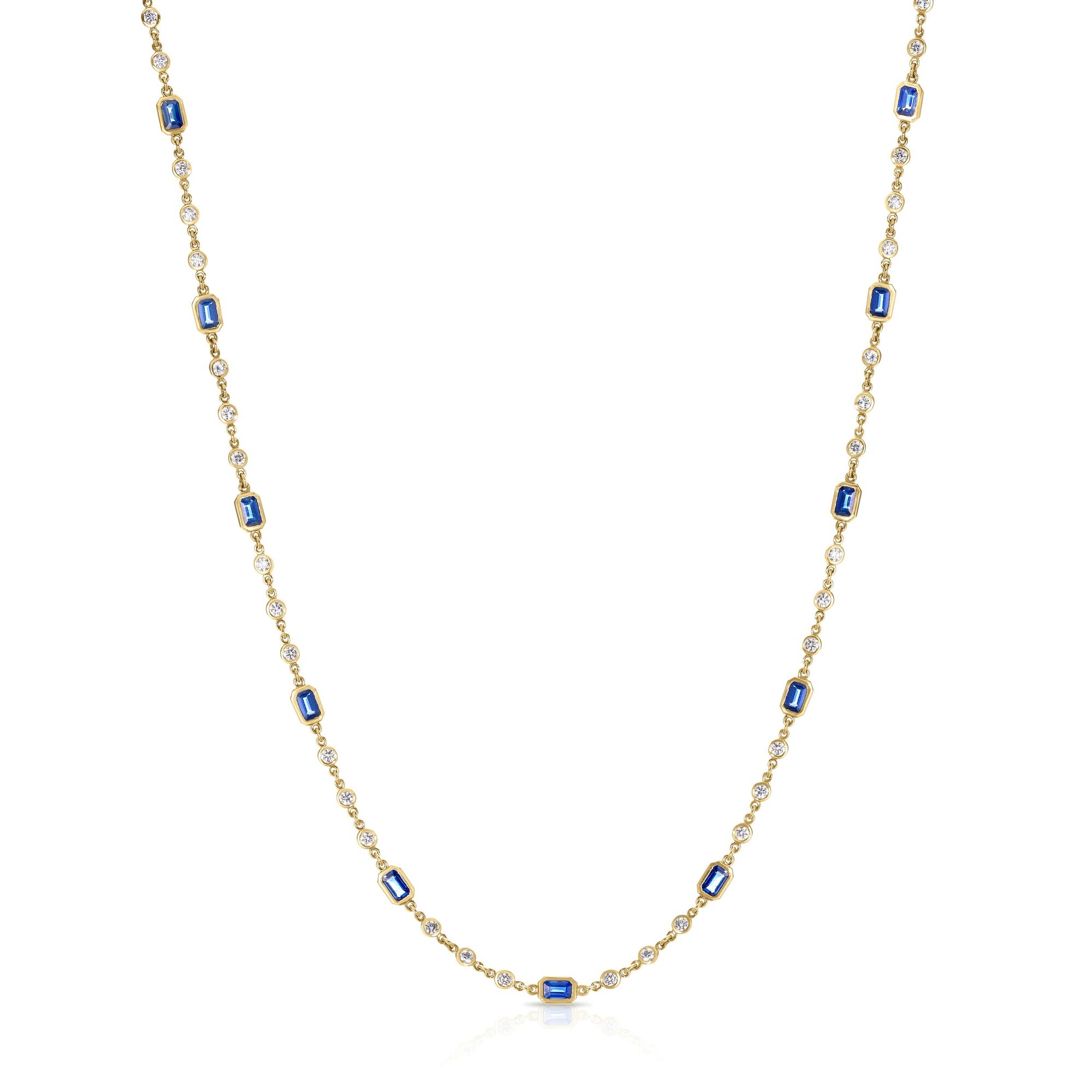 18k Yellow Gold Diamonds By The Inch Diamond & Emerald Cut Blue Sapphire Long Necklace
