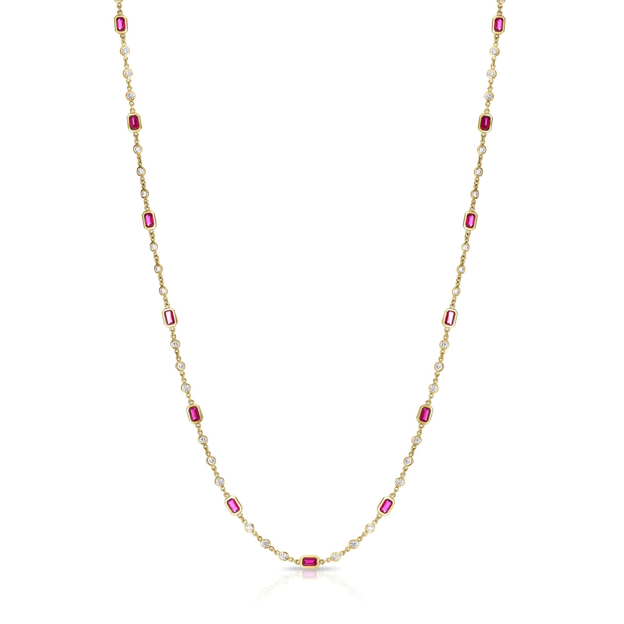 18k Yellow Gold Diamonds By The Inch Diamond & Emerald Cut Ruby Long Necklace