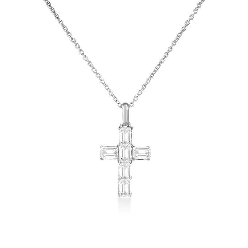 18k White Gold Tiny Treasures Emerald Cut Diamond Cross Necklace