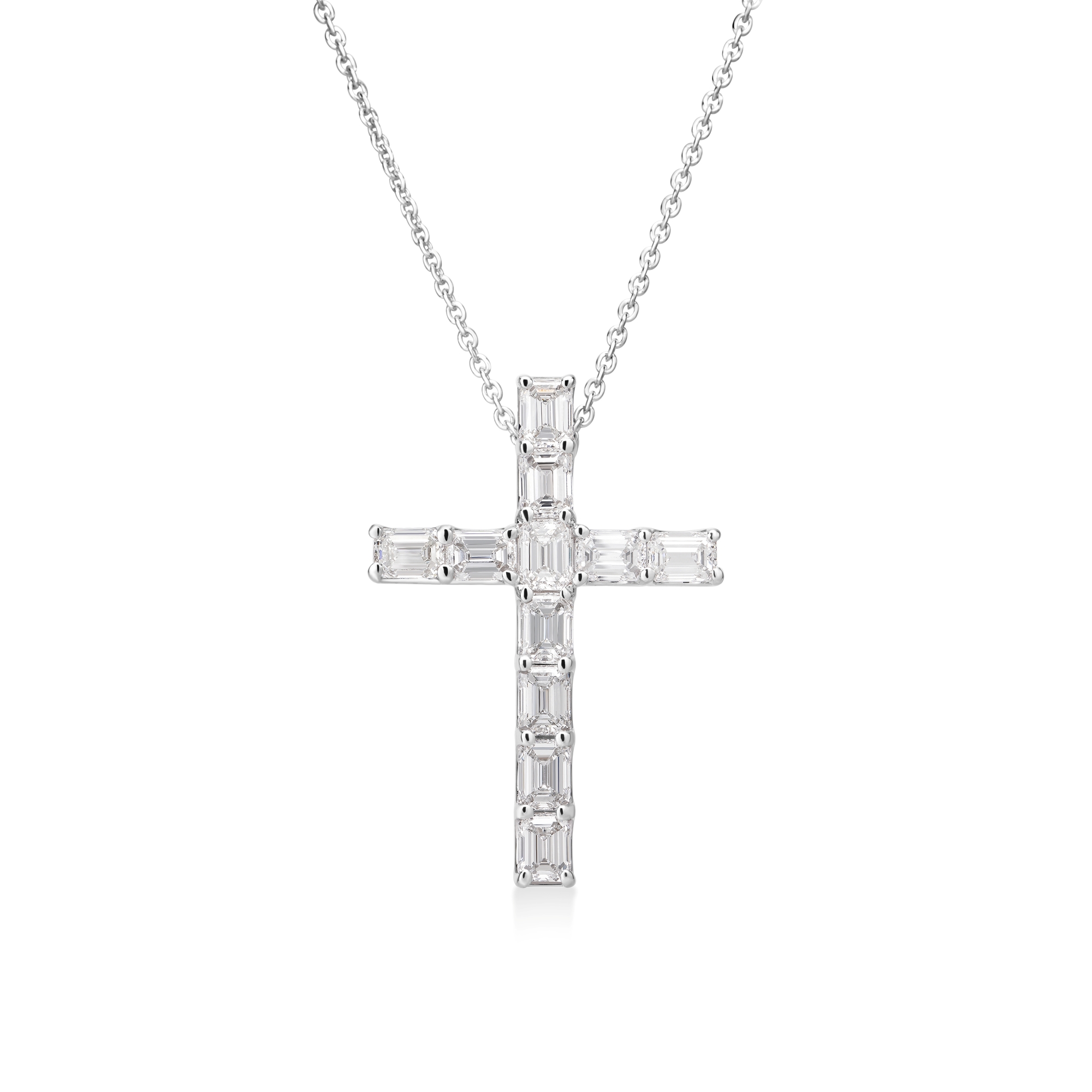 18k White Gold Classic Diamond Emerald Cut Eternity Cross Necklace: Fg Vs-si