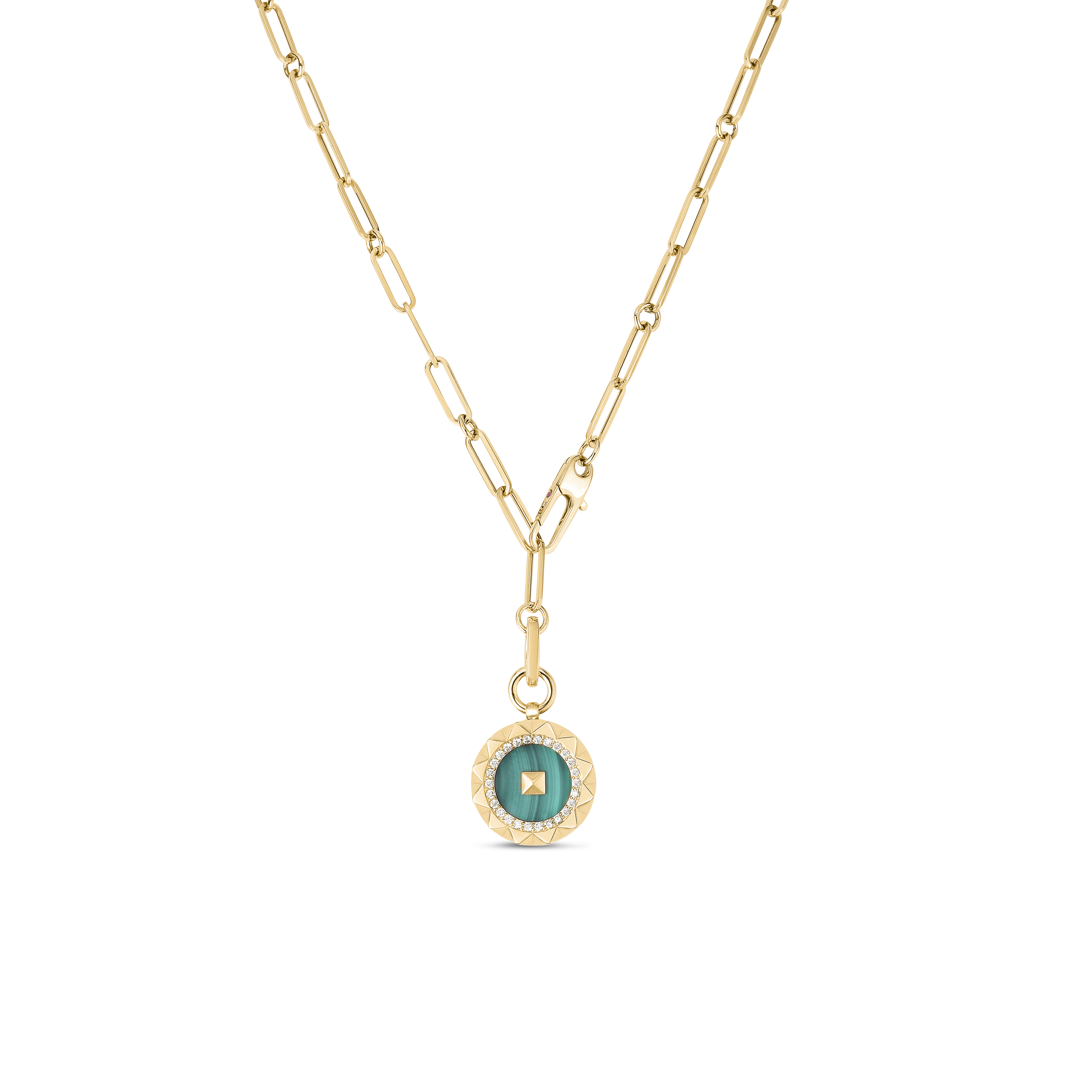 18k Yellow Gold Obelisco Large Diamond & Malachite Medallion Necklace