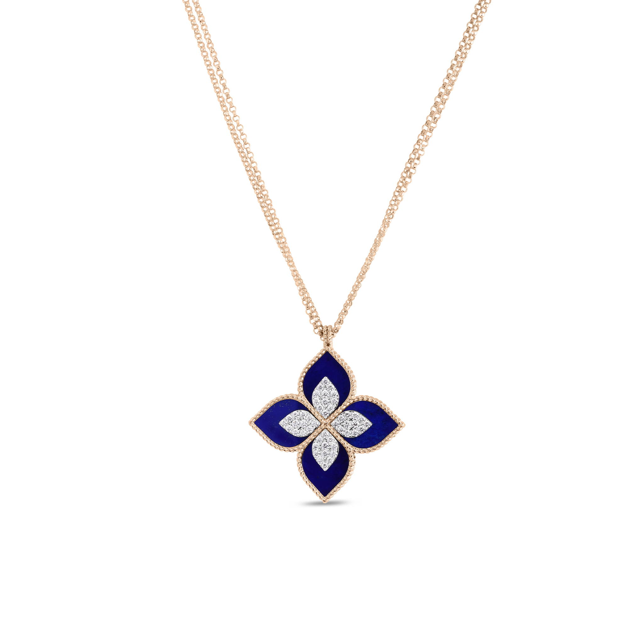 18k Rose/white Gold Venetian Princess Large Diamond & Lapis Flower Long Necklace