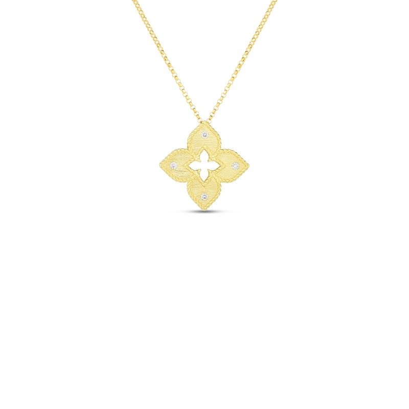 18 Karat Yellow Gold Diamond Venetian Princess Satin Flower Pendant Necklace
