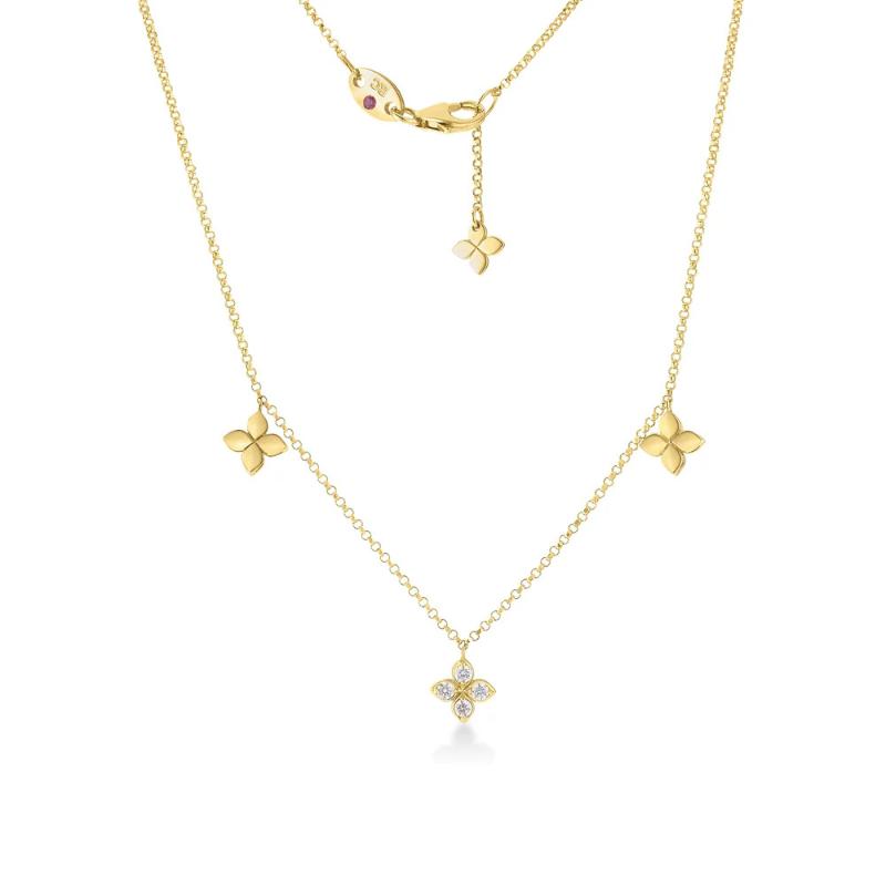 18K Yellow Gold Love In Verona Diamond And Polished Flower Station Dangle Necklace