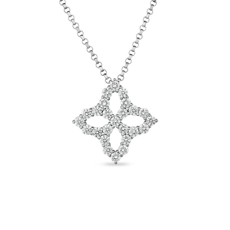 18 Karat White Gold Princess Flower Diamond Outline Medium Pendant