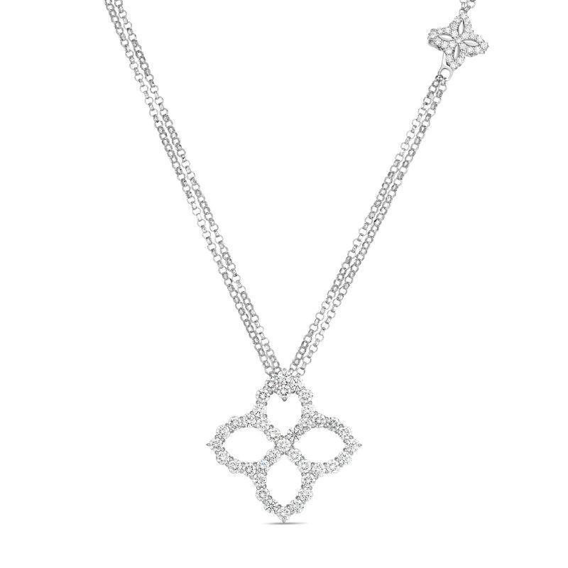 Roberto Coin 18K Princess Flower 30Mm Diamond Outline Pendant On 33" Chain