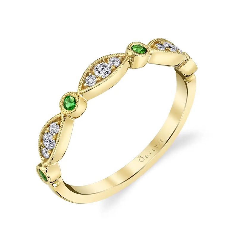 Emerald And Diamond Vintage Wedding Band - Talia