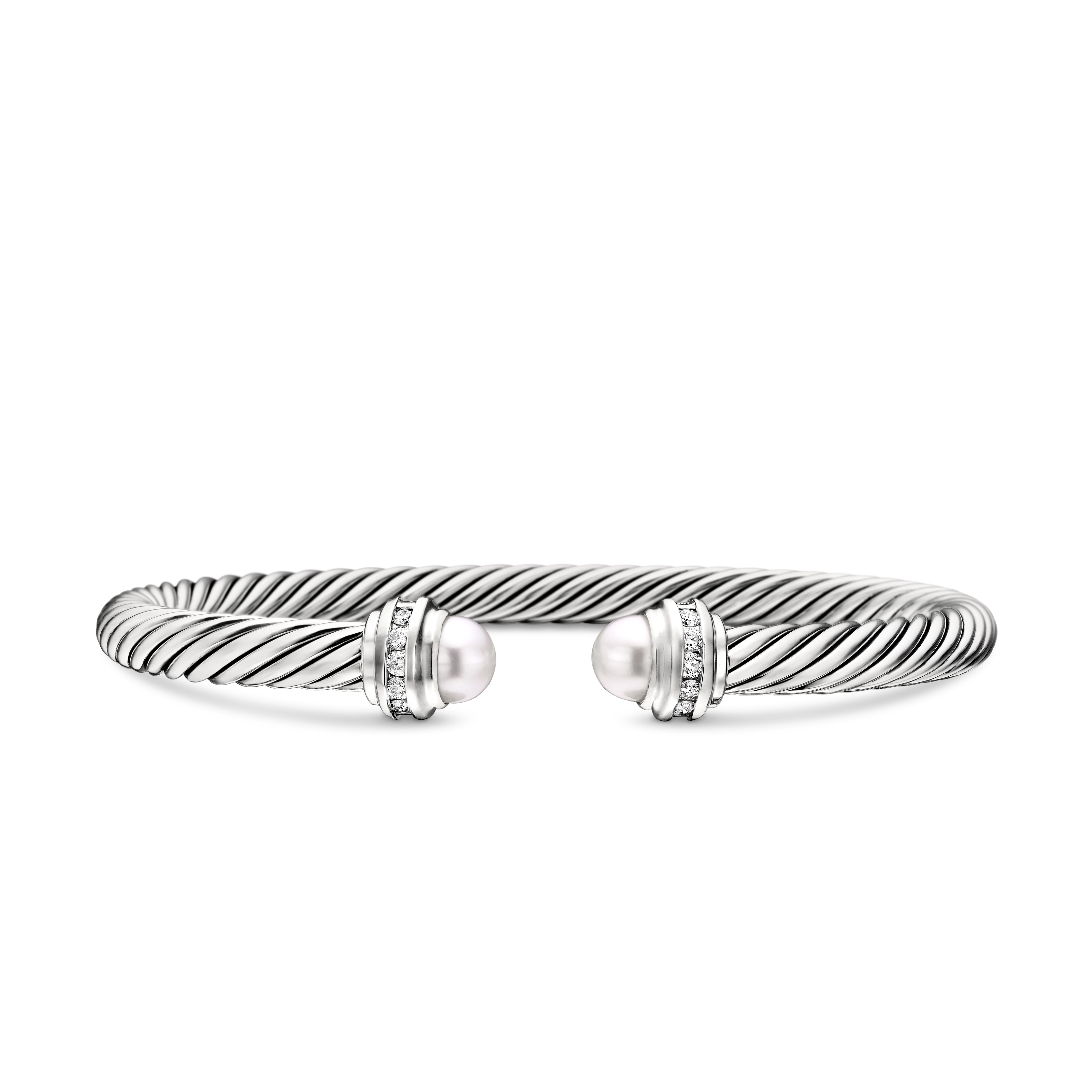Classic Cable Bracelet in Sterling Silver with Pearls and Diamonds, 5mm
