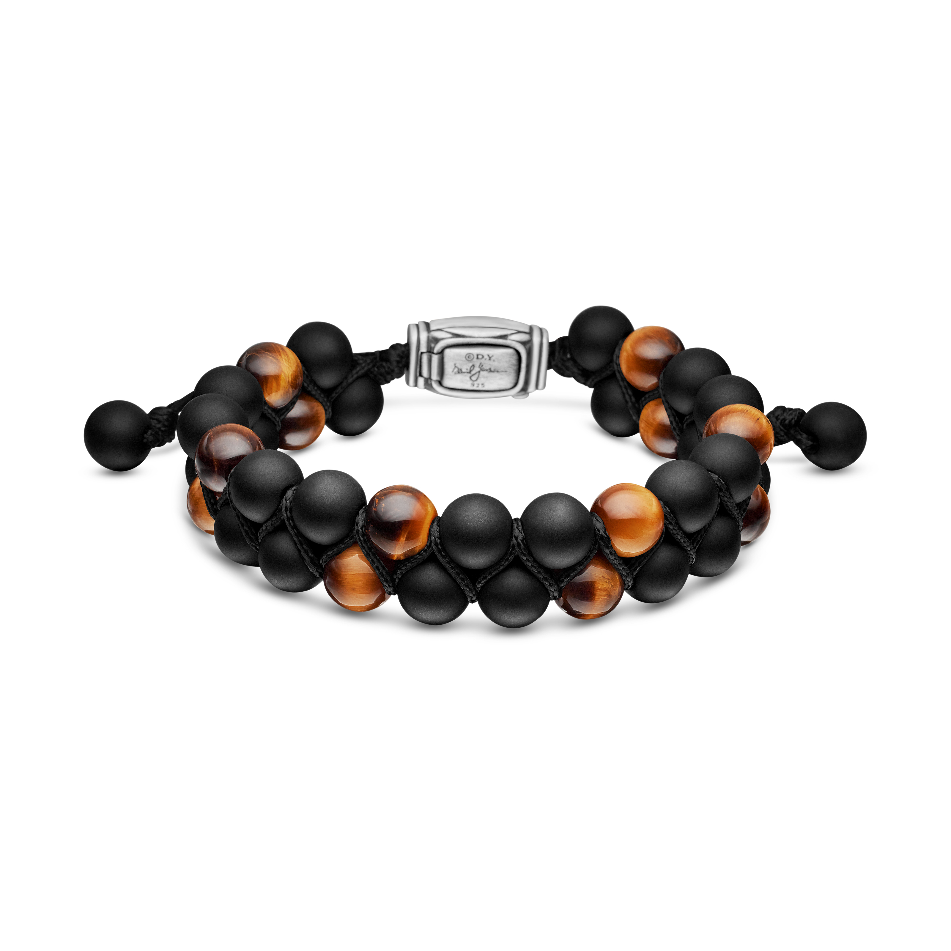 Spiritual Beads Two Row Woven Bracelet in Black Onyx, Tigers Eye, Black Nylon and Sterling Silver, 8mm