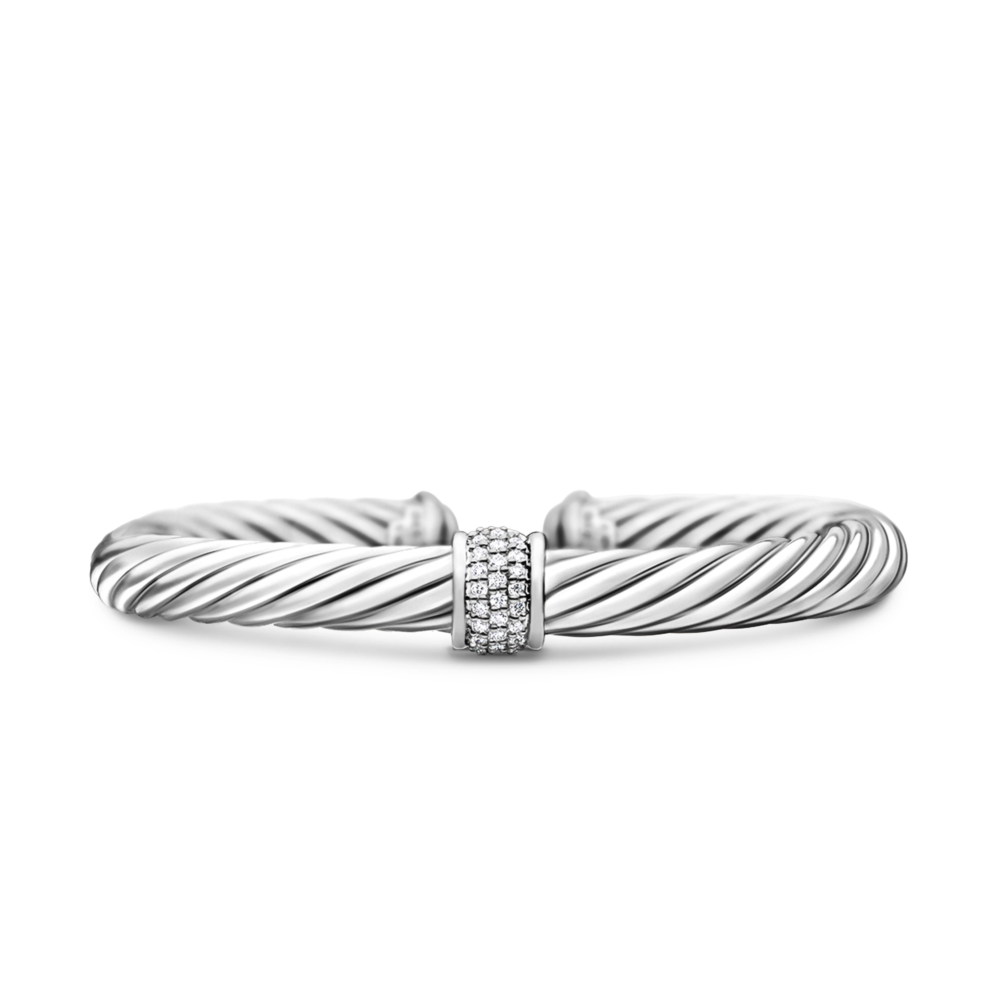 Classic Cable Station Bracelet in Sterling Silver with Pavé Diamonds, 7mm