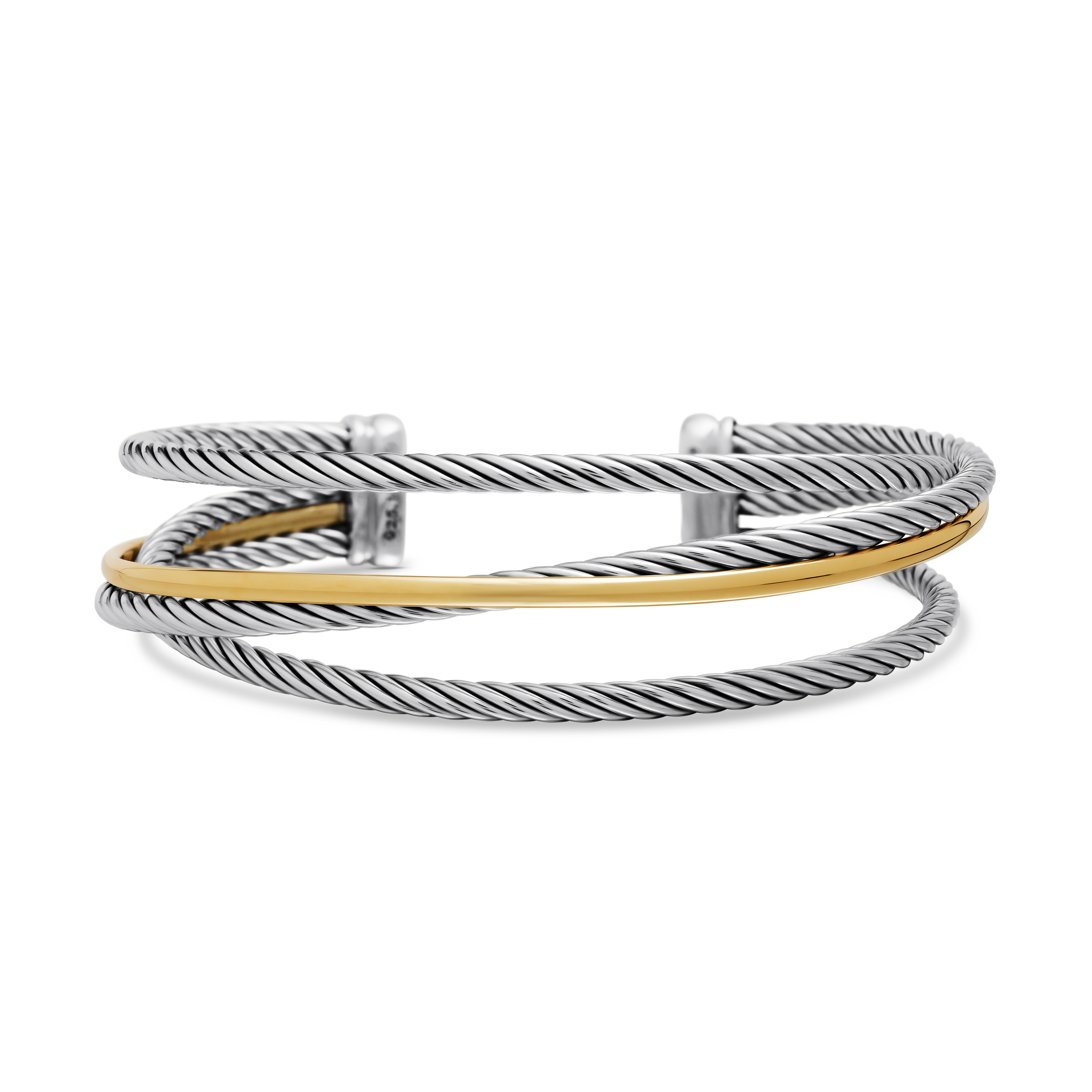 Crossover Three Row Cuff Bracelet in Sterling Silver with 18K Yellow Gold, 16mm