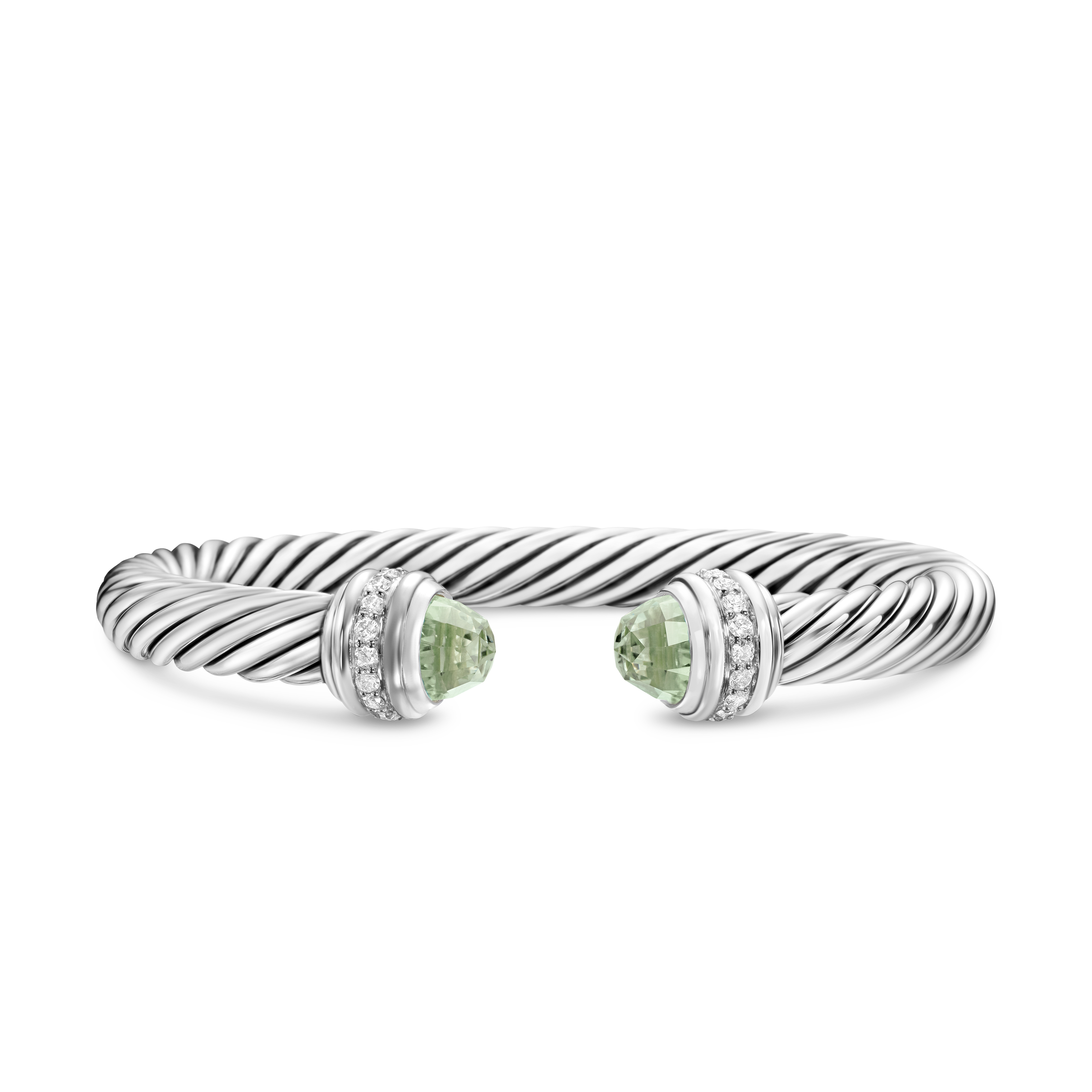 Classic Cable Bracelet in Sterling Silver with Prasiolte and Diamonds, 7mm