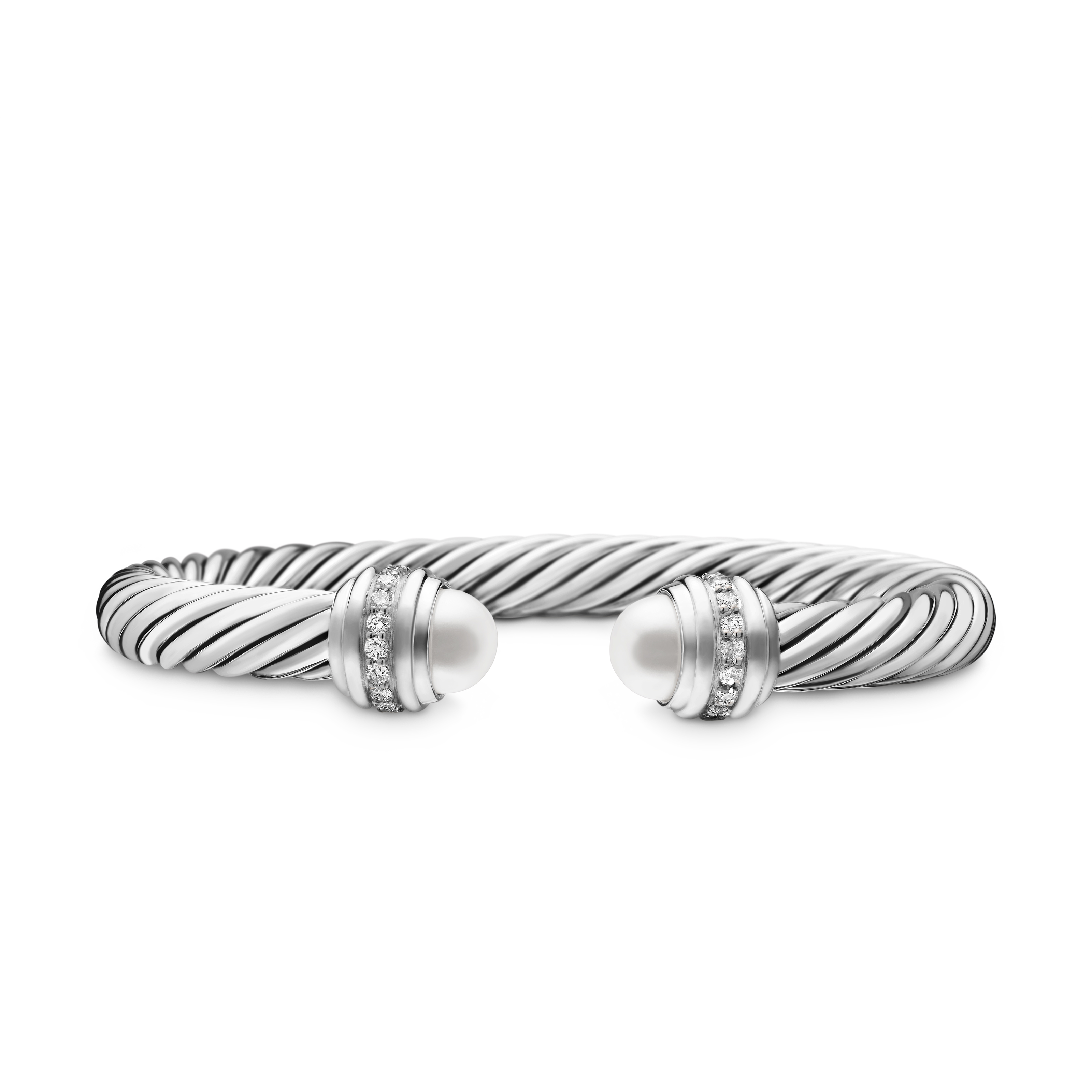 Classic Cable Bracelet in Sterling Silver with Pearls and Diamonds, 7mm