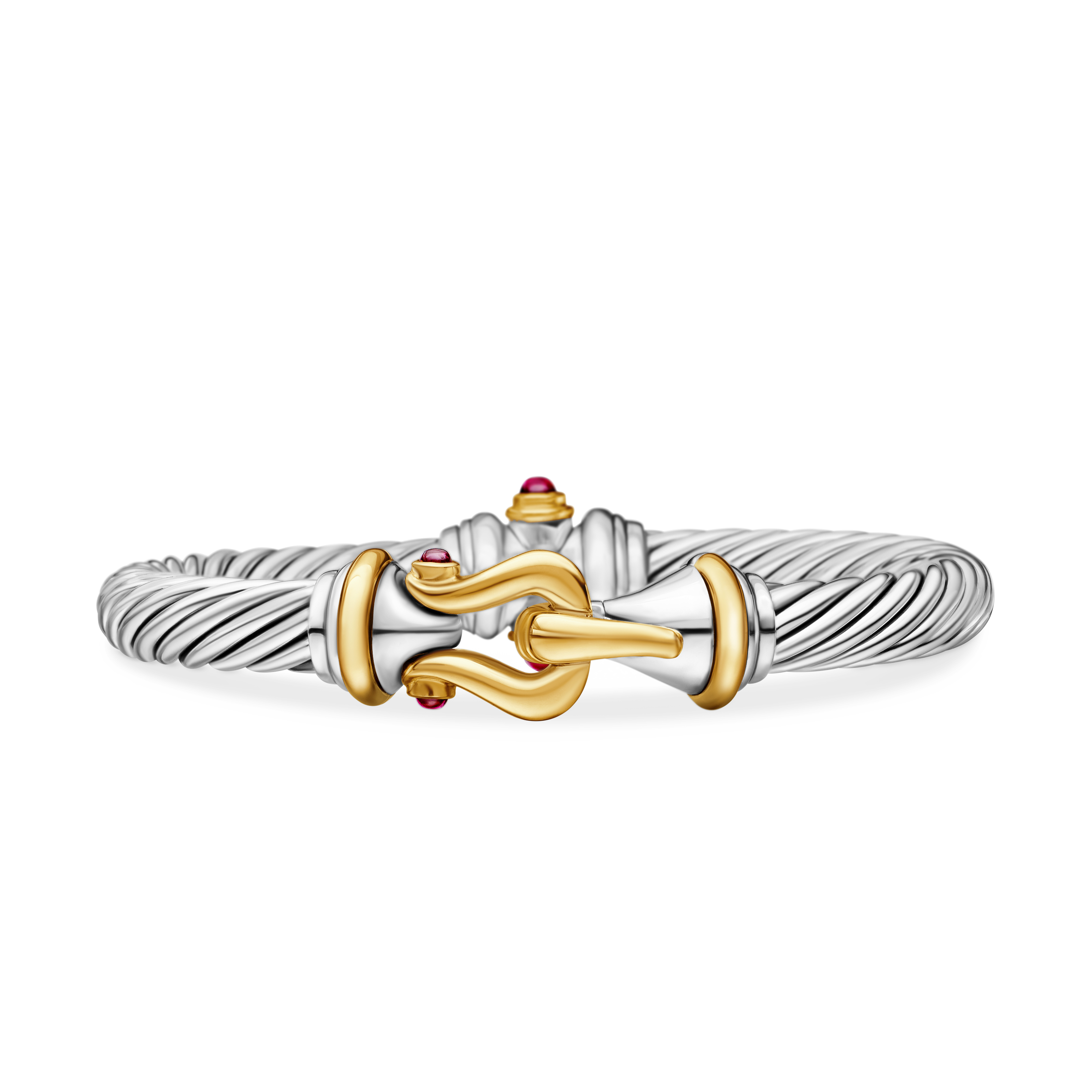 Buckle Classic Cable Bracelet in Sterling Silver with 18K Yellow Gold and Rhodolite Garnets, 7mm