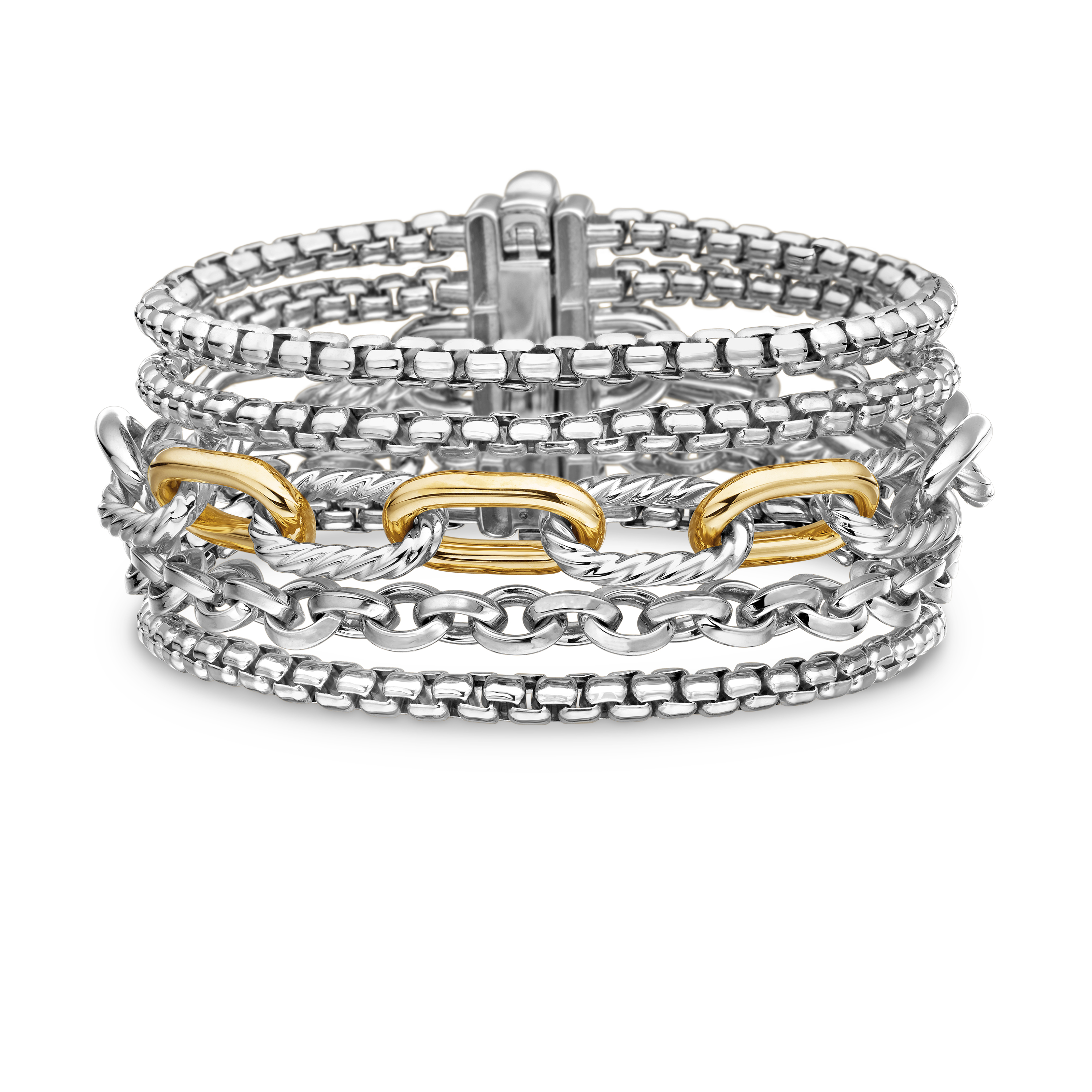 Multi Row Chain Bracelet in Sterling Silver with 18K Yellow Gold
