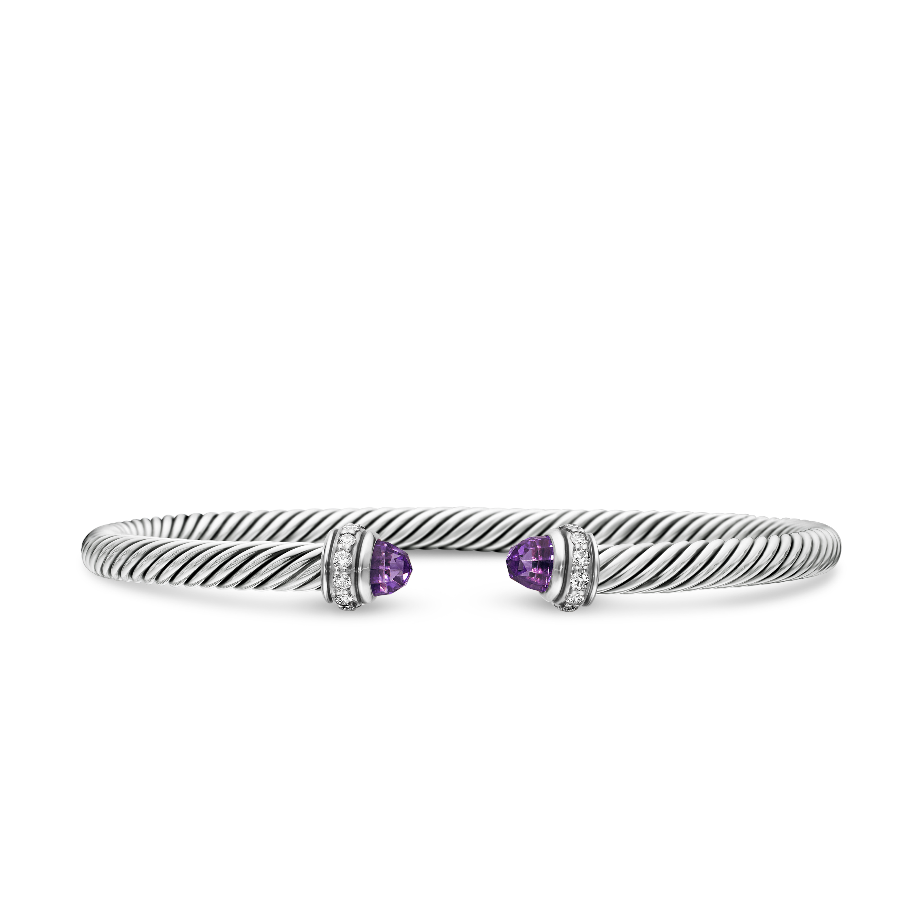 Classic Cable Bracelet in Sterling Silver with Amethyst and Diamonds, 4mm