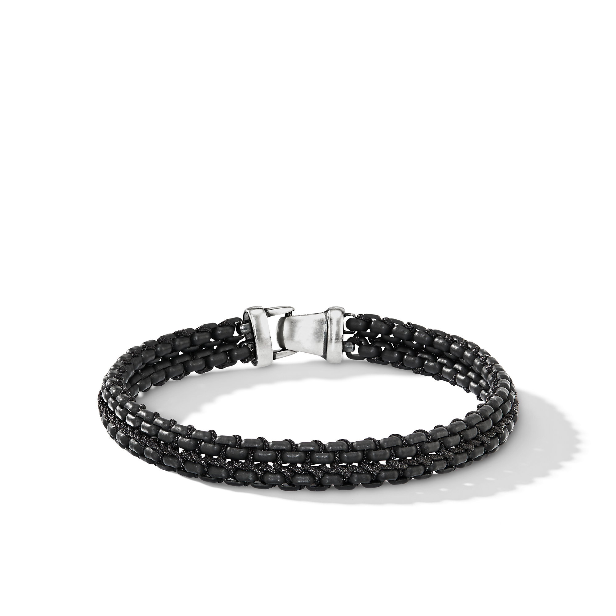 Woven Box Chain Bracelet in Sterling Silver with Black Stainless Steel and Black Nylon