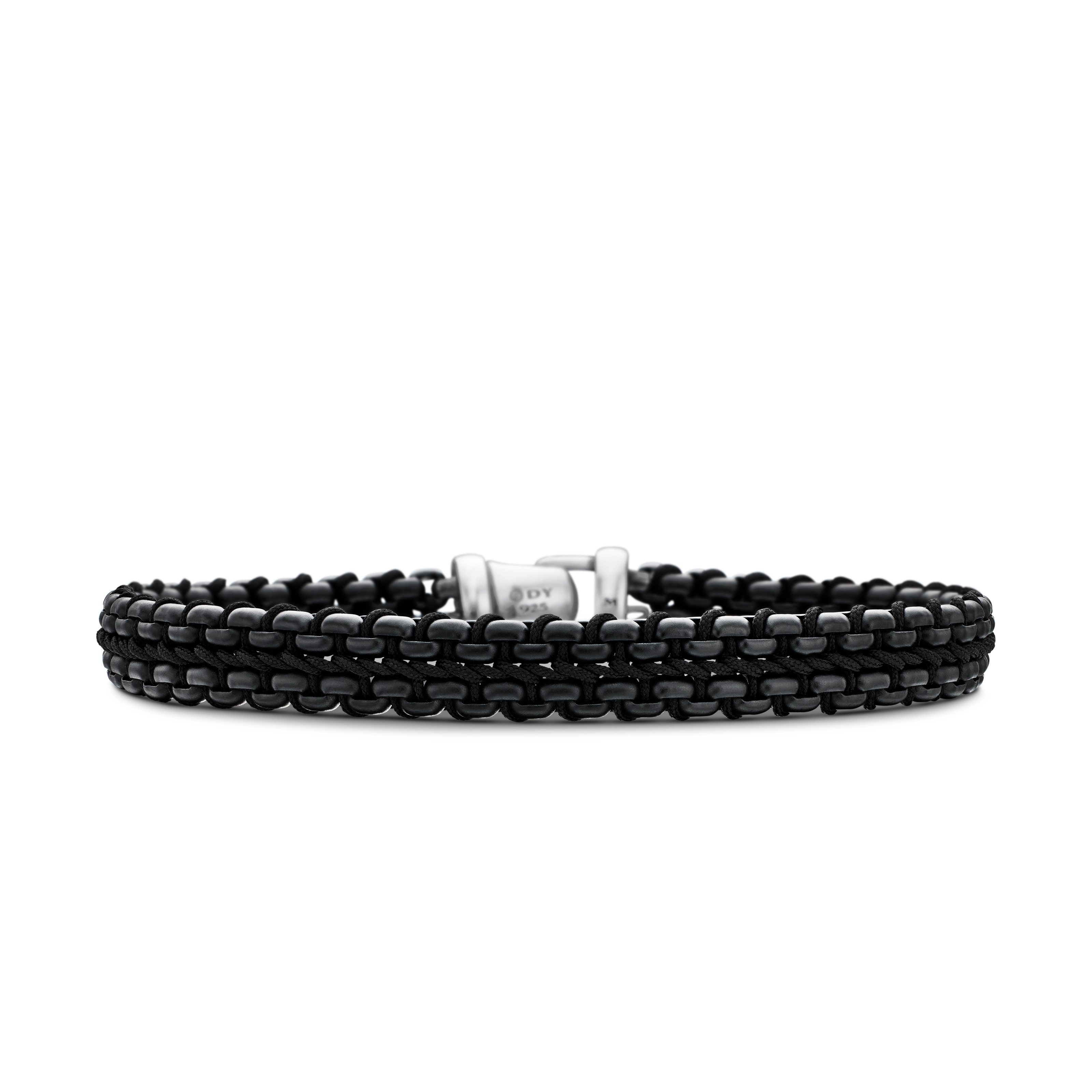 Woven Box Chain Bracelet in Sterling Silver with Black Stainless Steel and Black Nylon