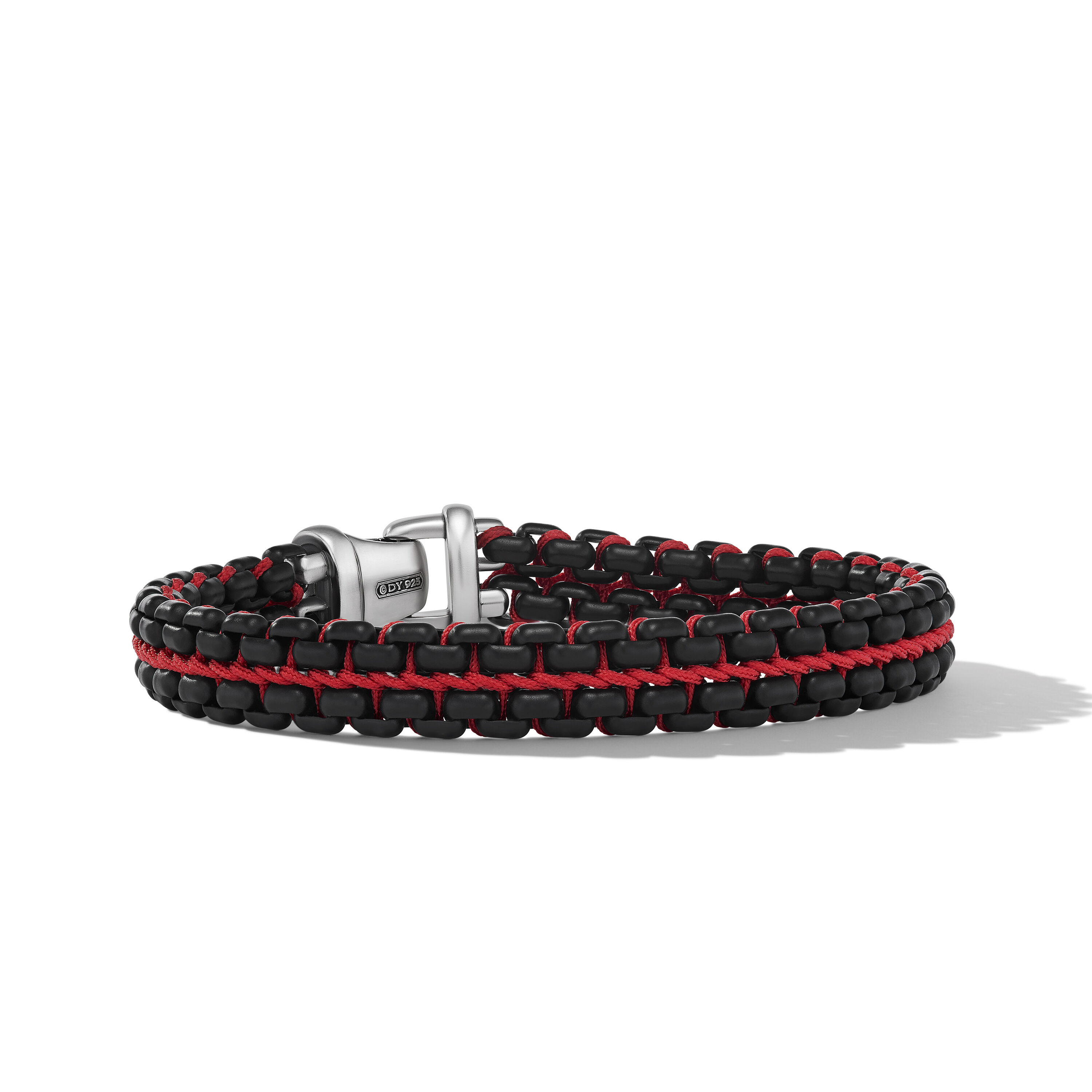Woven Box Chain Bracelet in Sterling Silver with Black Stainless Steel and Red Nylon, 12mm