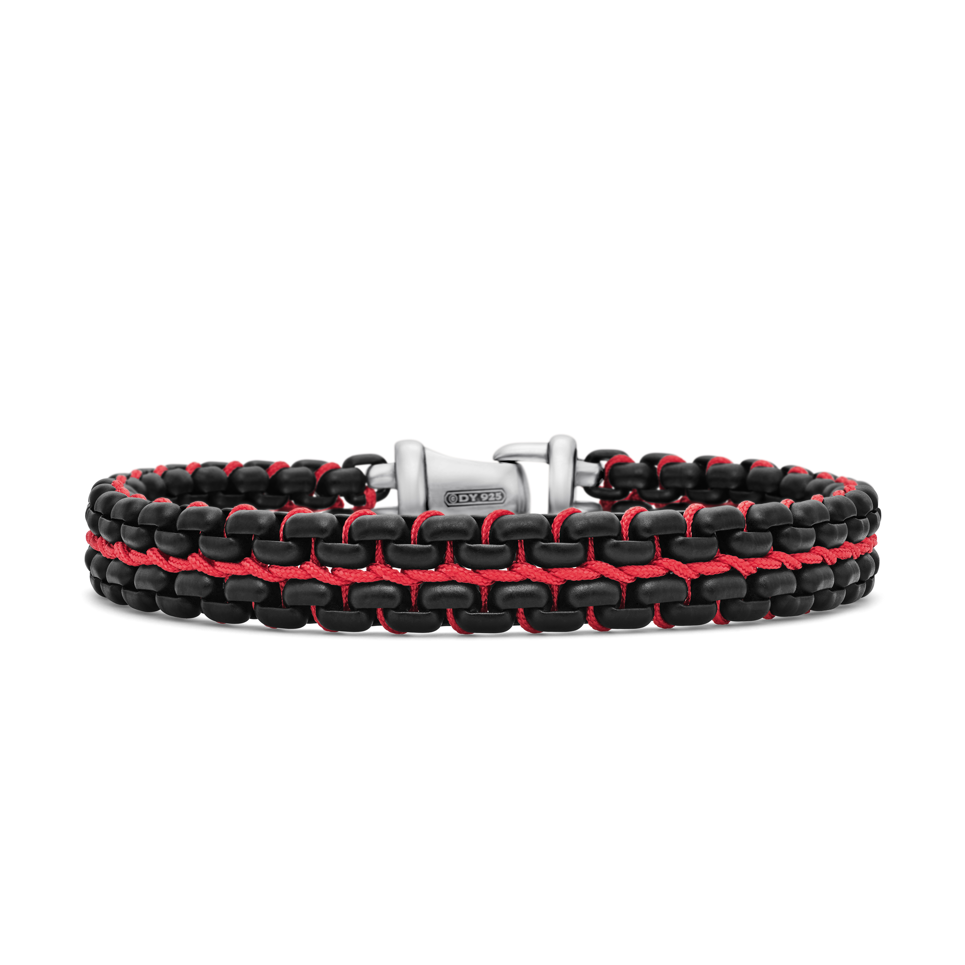 Woven Box Chain Bracelet in Sterling Silver with Black Stainless Steel and Red Nylon, 12mm