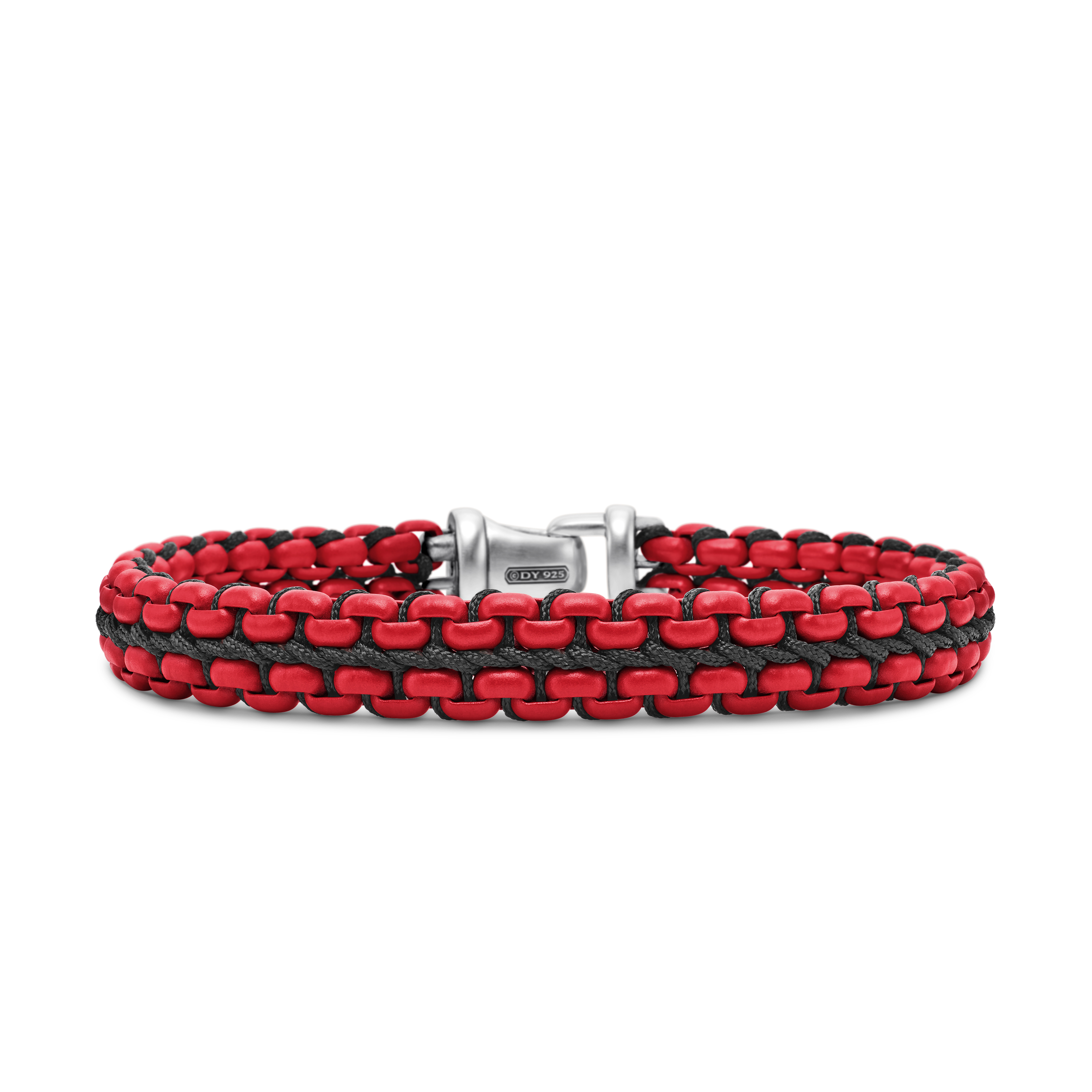 Woven Box Chain Bracelet in Sterling Silver with Red Stainless Steel and Black Nylon, 12mm