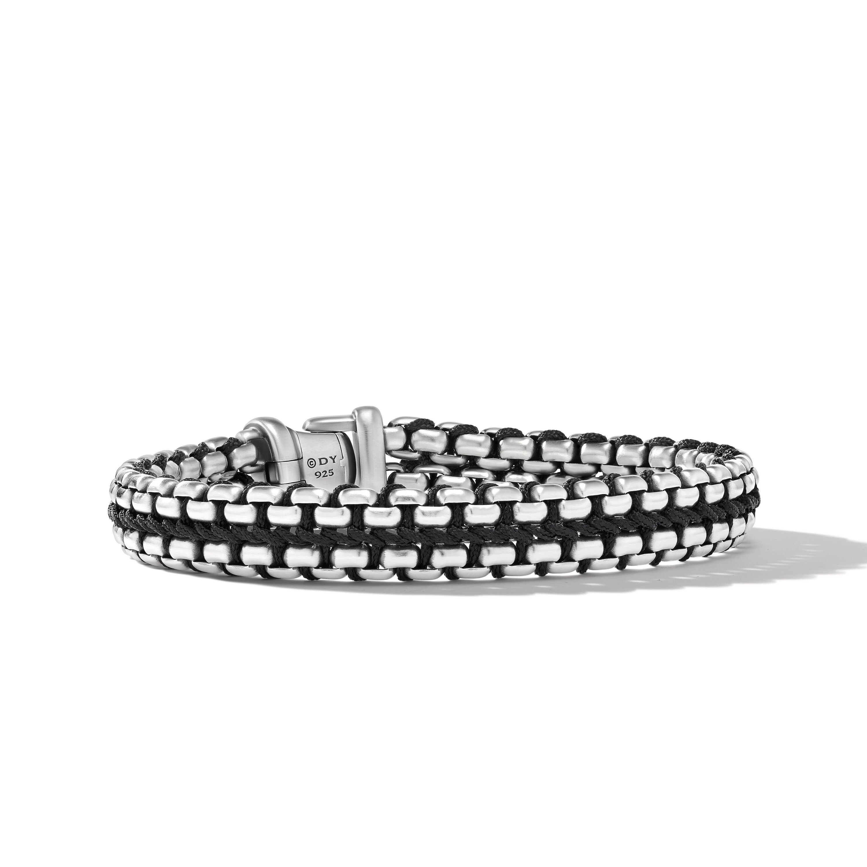 Woven Box Chain Bracelet in Sterling Silver with Black Nylon, 12mm