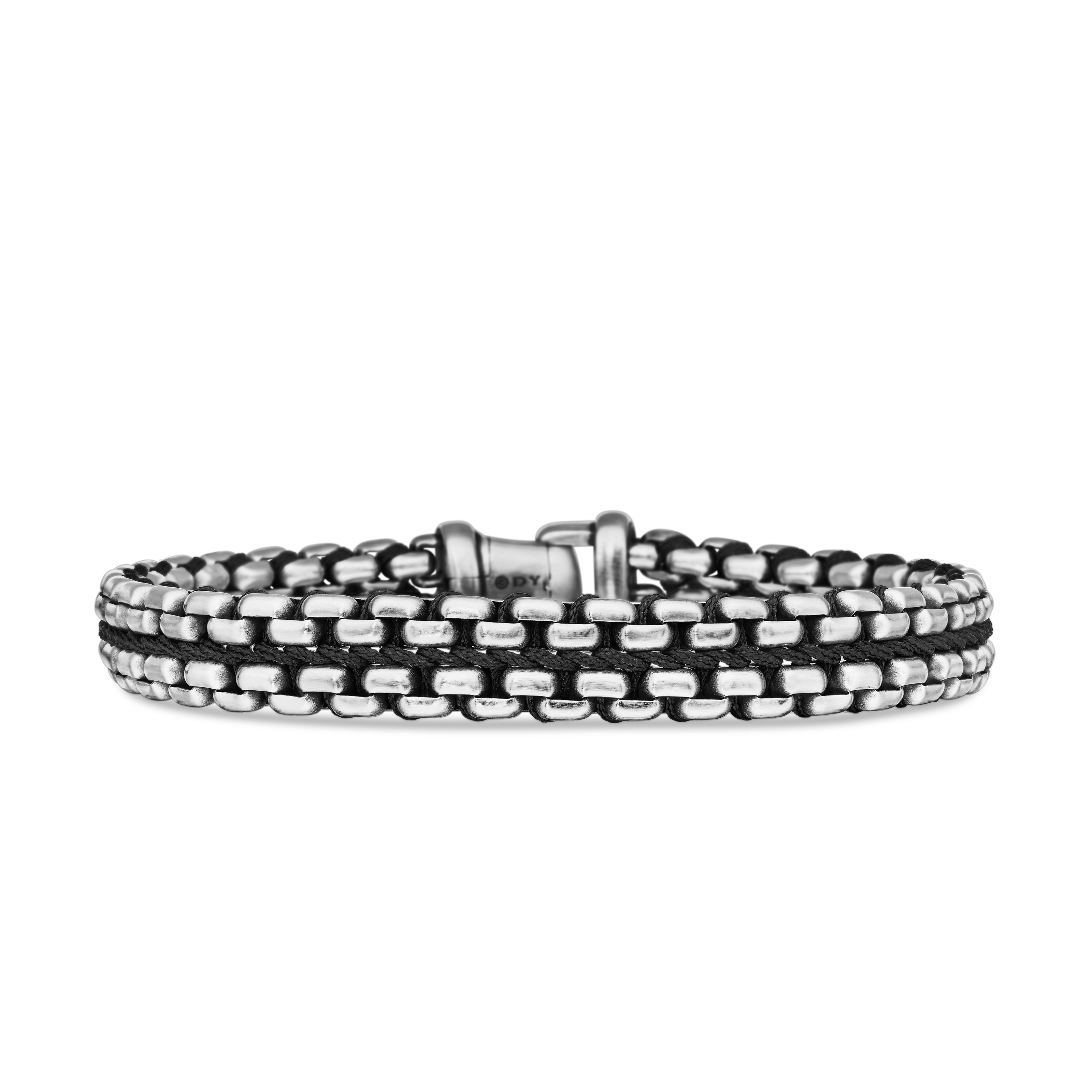 Woven Box Chain Bracelet in Sterling Silver with Black Nylon, 12mm