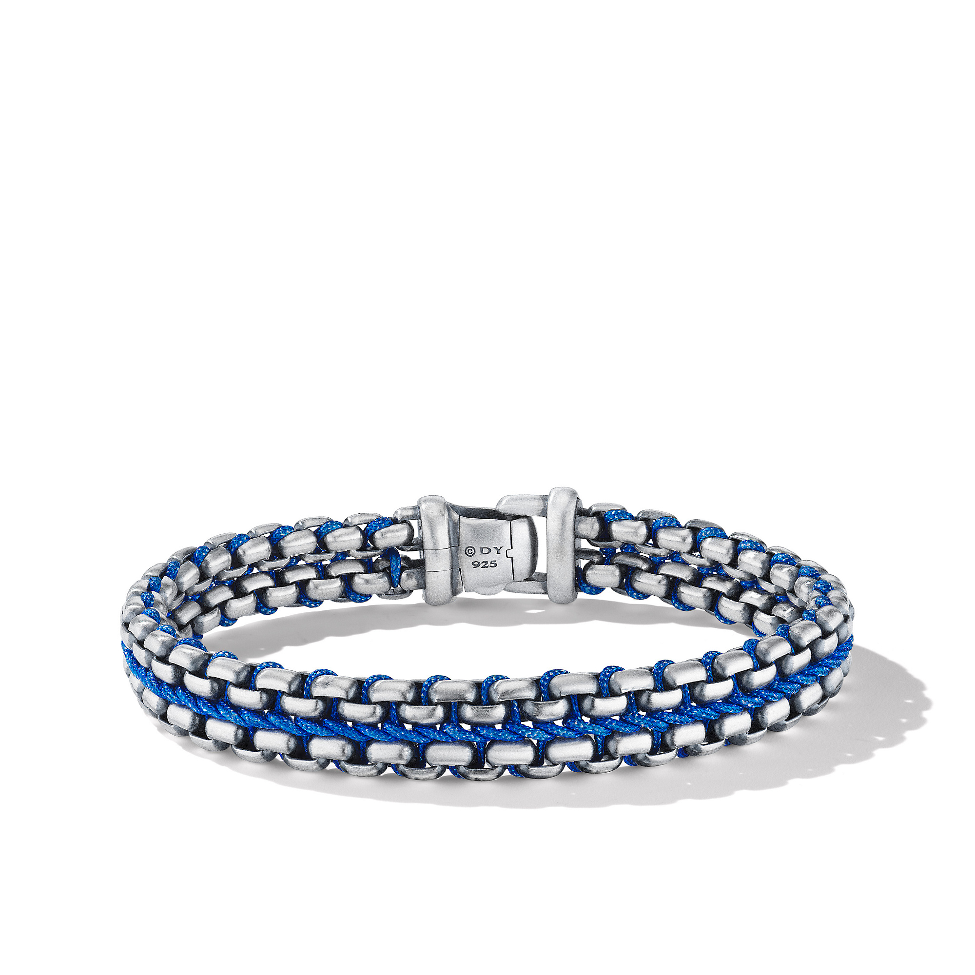 Woven Box Chain Bracelet in Sterling Silver with Blue Nylon