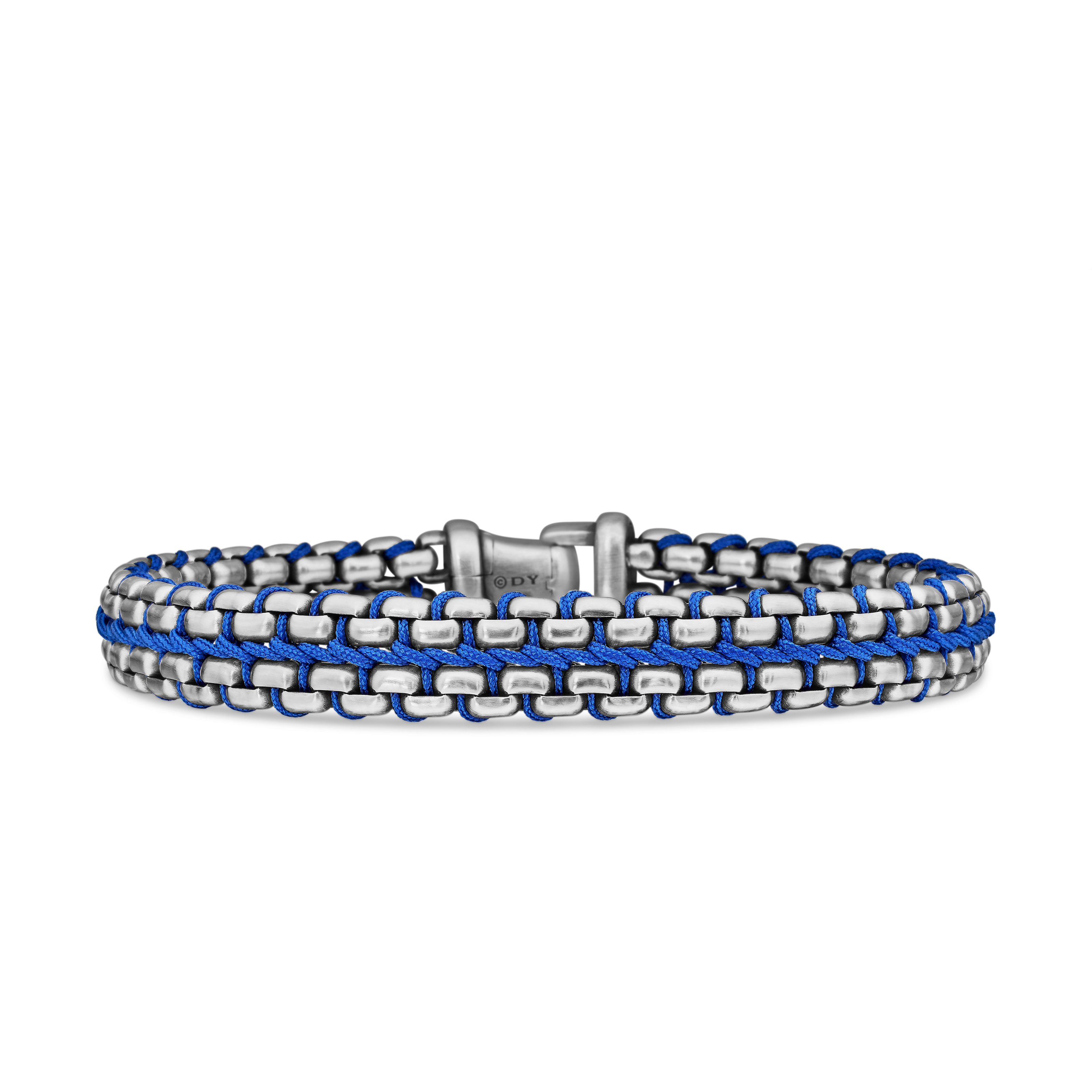 Woven Box Chain Bracelet in Sterling Silver with Blue Nylon