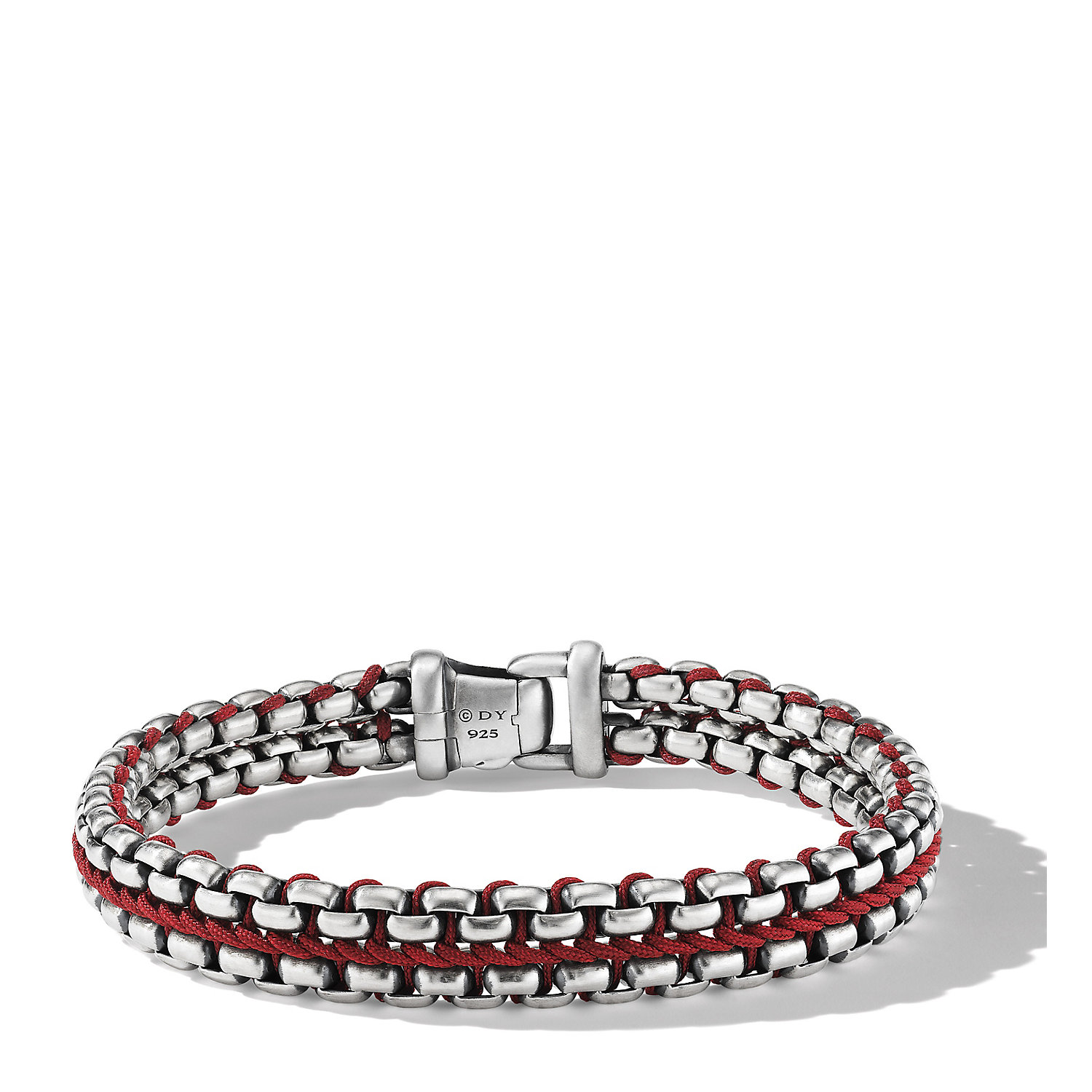 Woven Box Chain Bracelet in Sterling Silver with Red Nylon