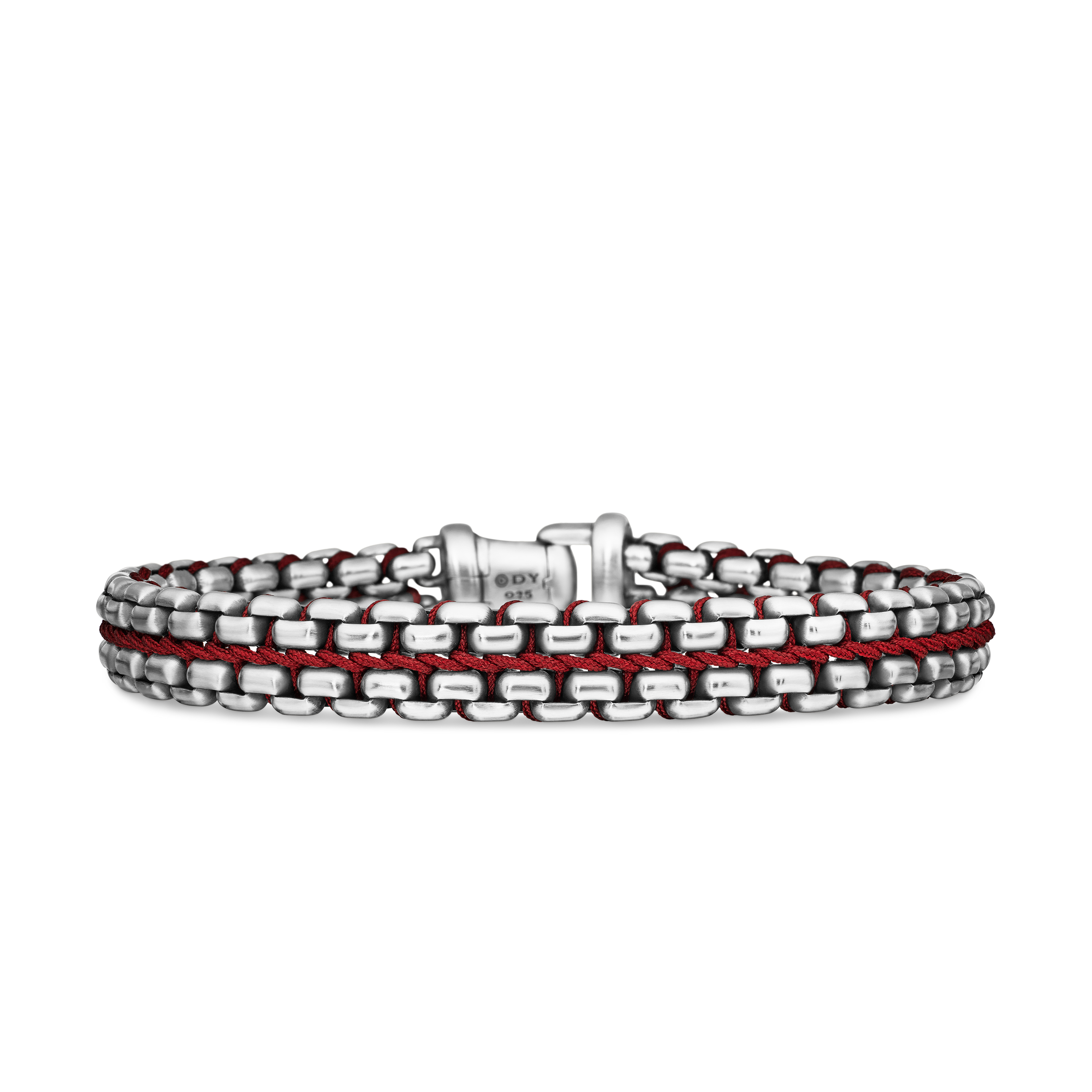 Woven Box Chain Bracelet in Sterling Silver with Red Nylon
