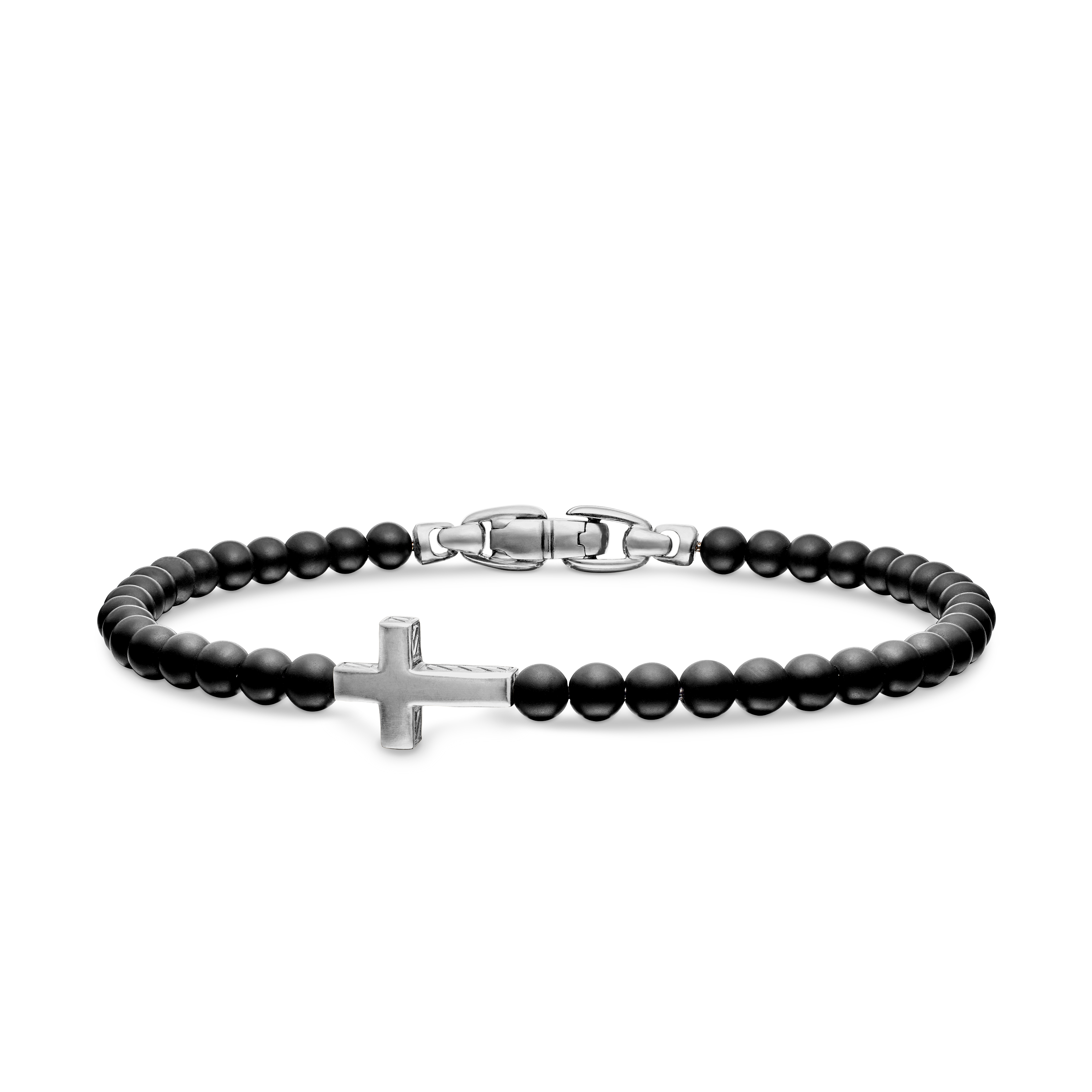 Spiritual Beads Cross Station Bracelet in Sterling Silver with Black Onyx, 4mm