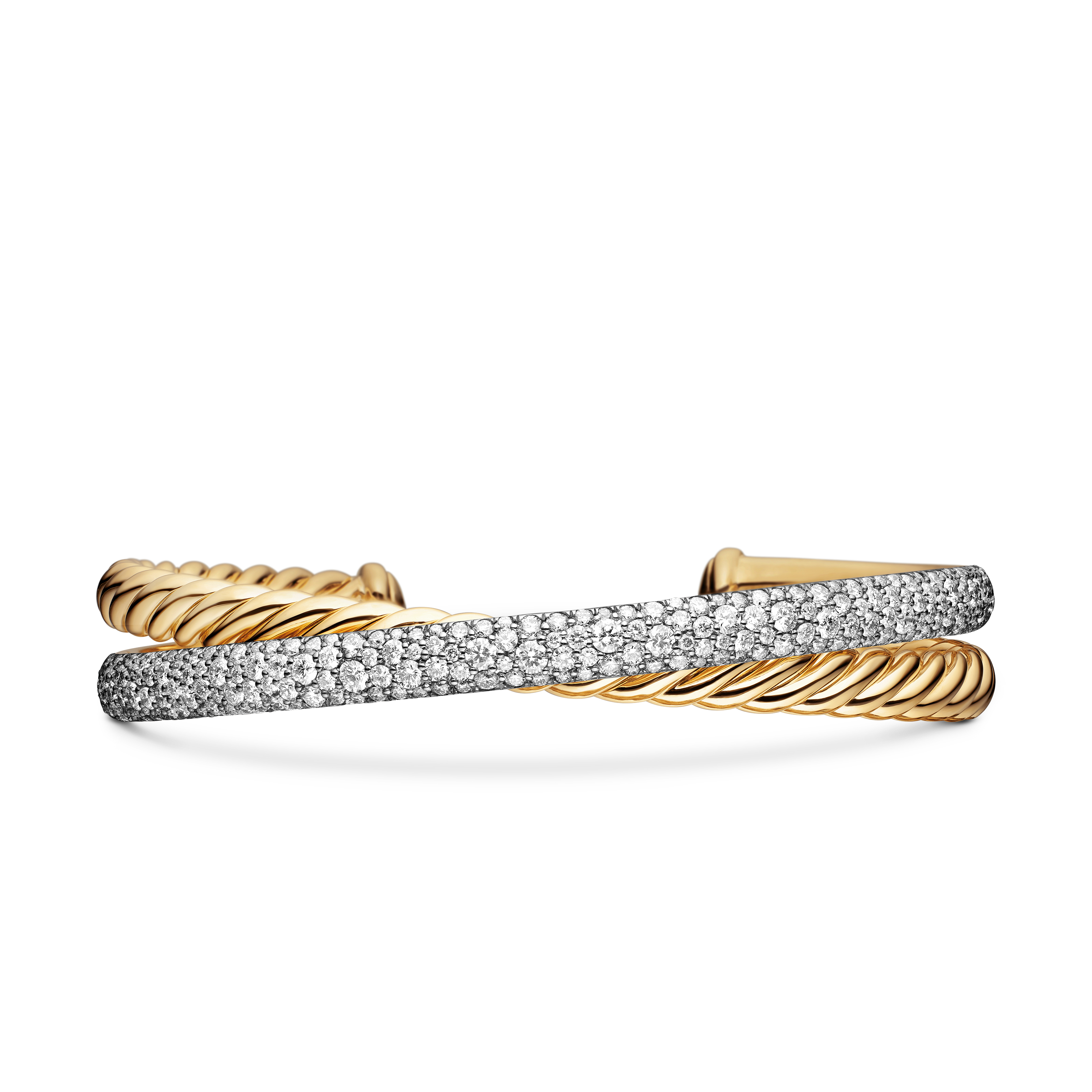 Pavé Crossover Two Row Cuff Bracelet in 18K Yellow Gold with Diamonds, 10.5mm