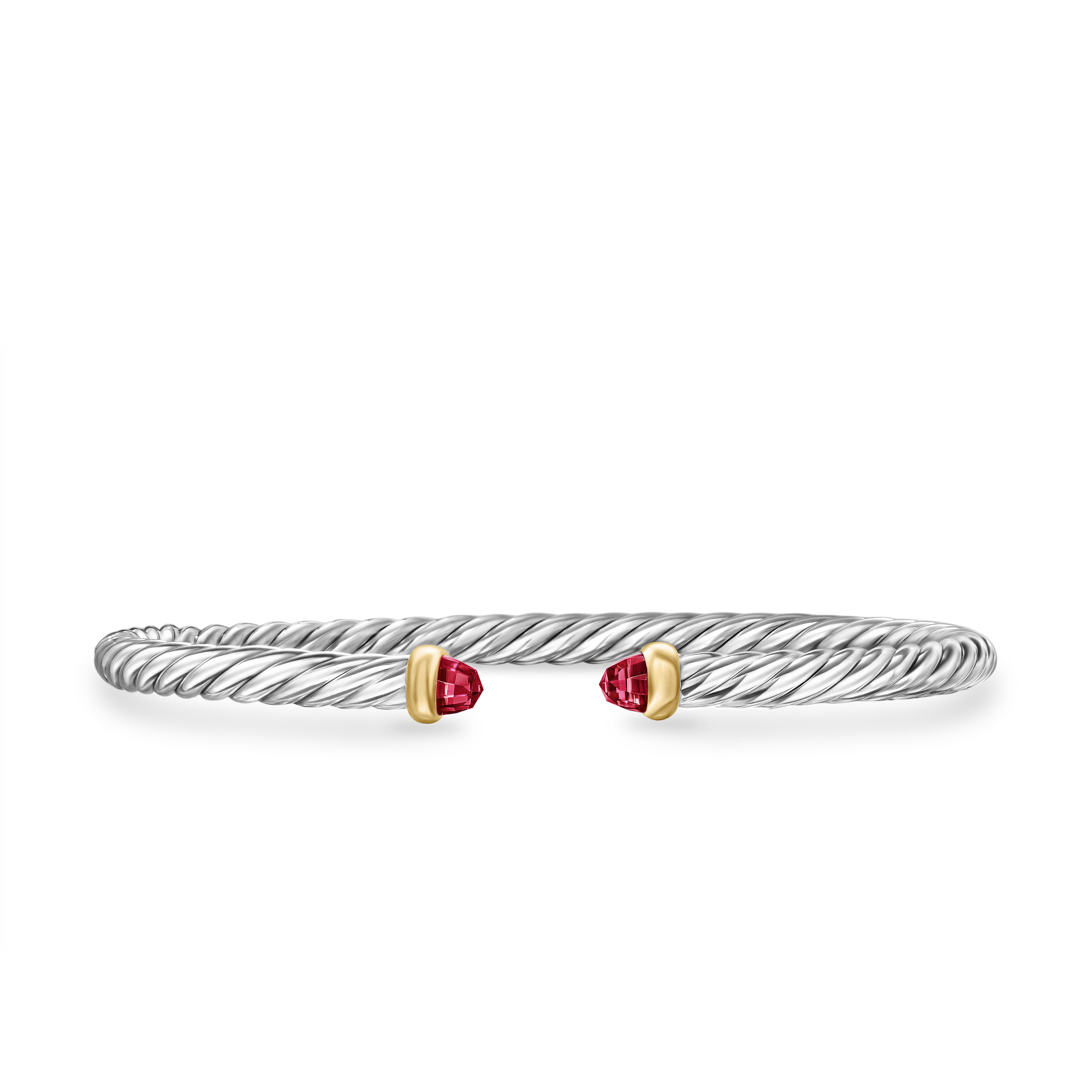 Cable Flex Bracelet in Sterling Silver with 14K Yellow Gold and Rhodolite Garnet, 4mm