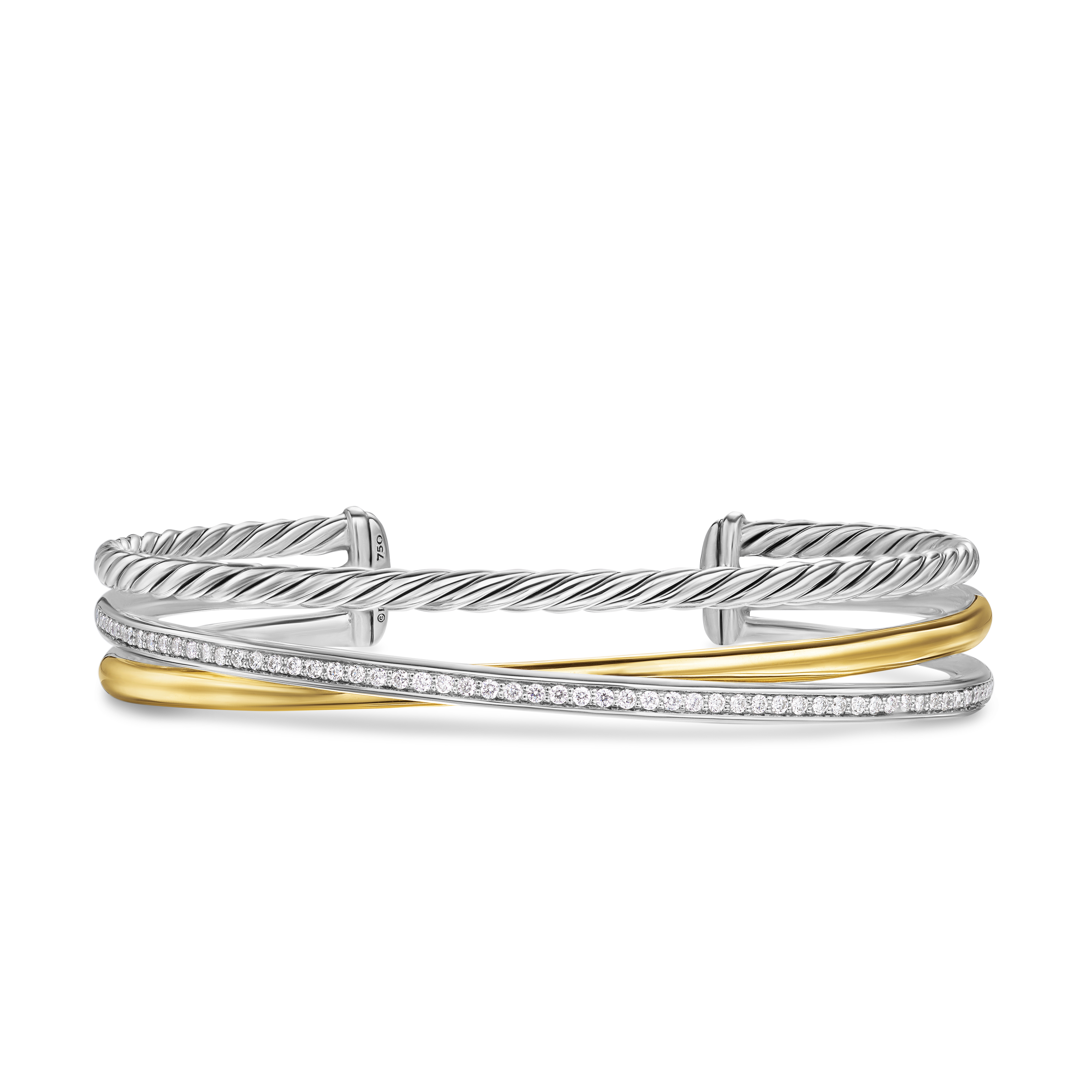 Crossover Three Row Bracelet in Sterling Silver with 18K Yellow Gold and Diamonds, 11mm