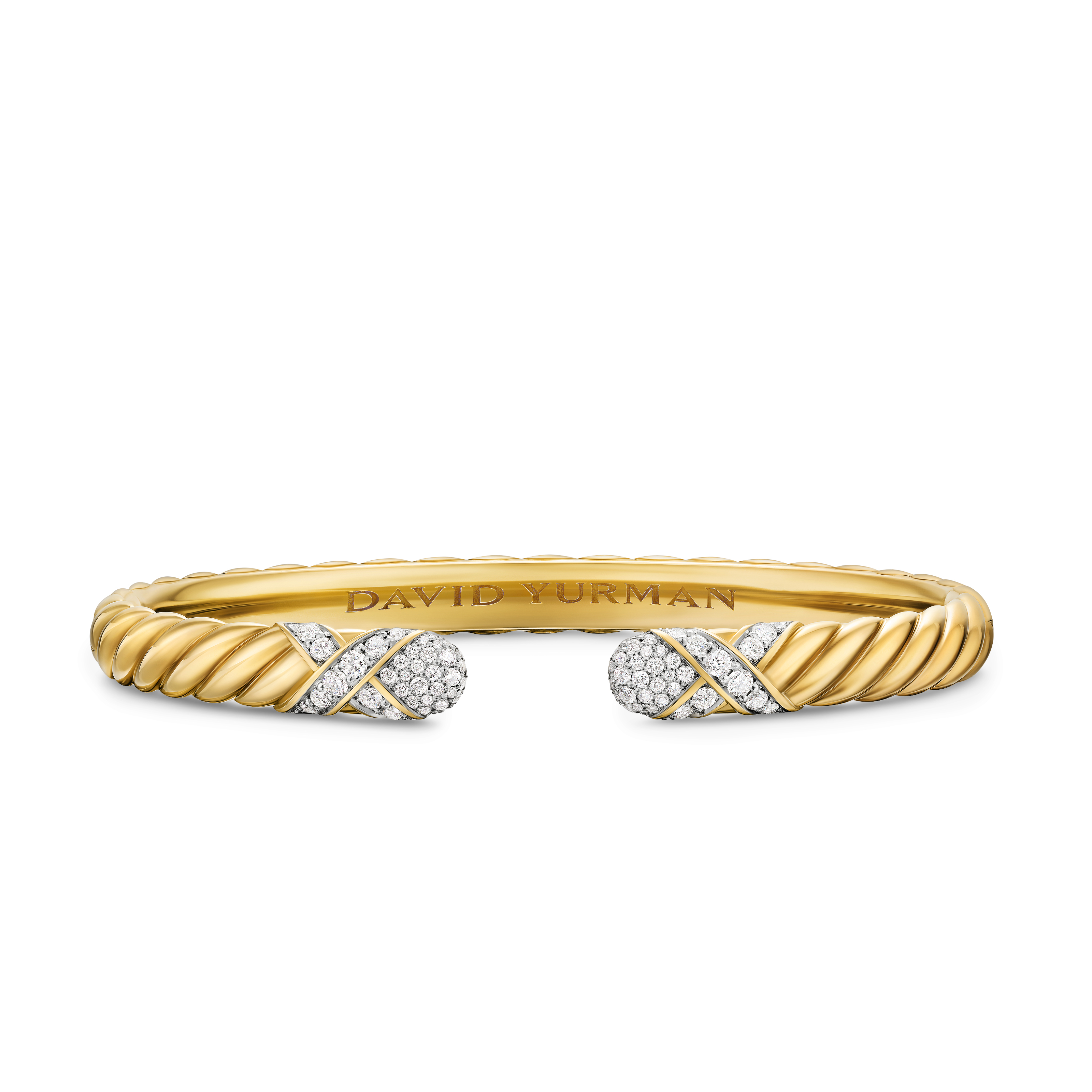 Sculpted Cable X Cuff Bracelet in 18K Yellow Gold with Diamonds, 6mm