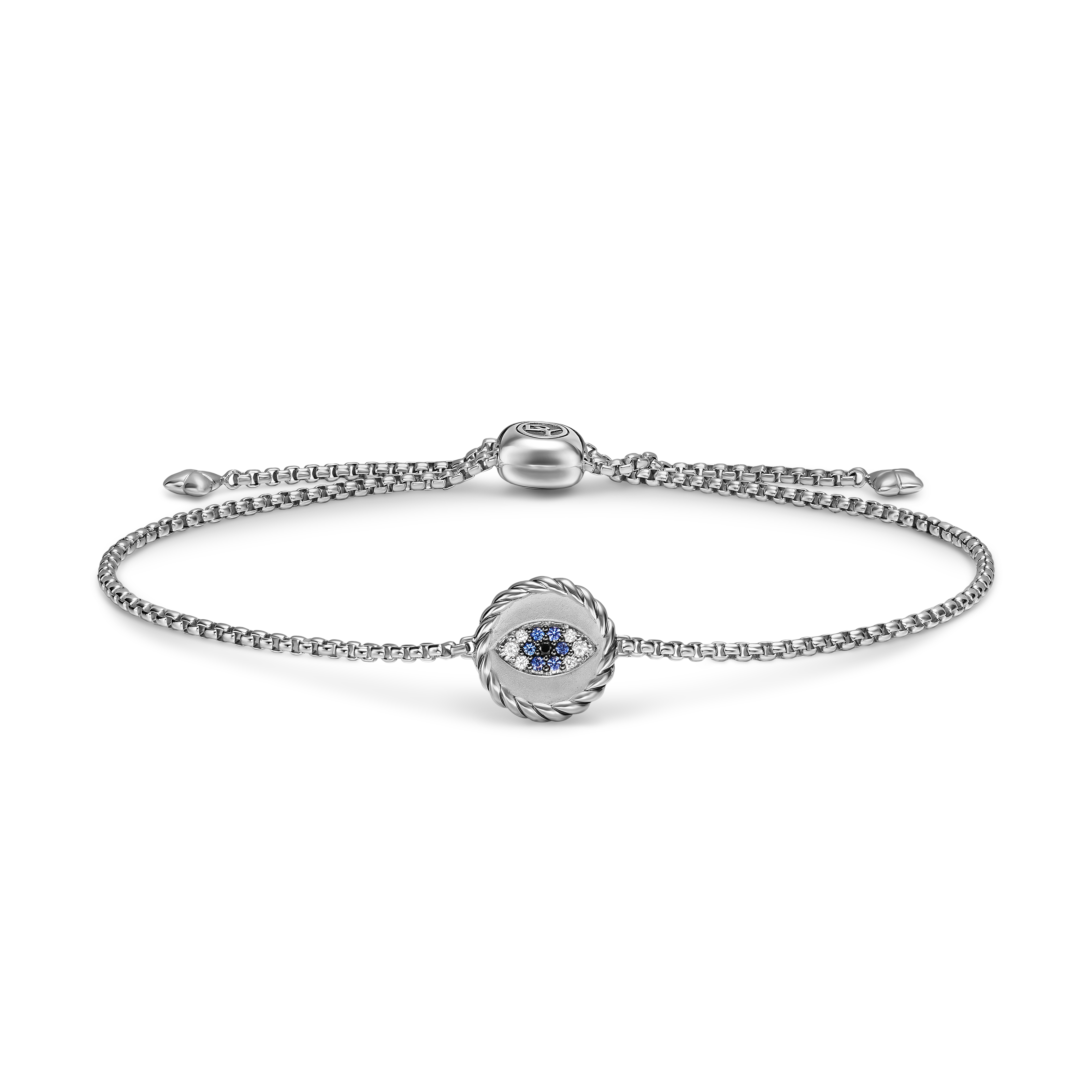 Evil Eye Bracelet in Sterling Silver with Light Blue Sapphires, Black Diamonds and Diamonds, 11mm