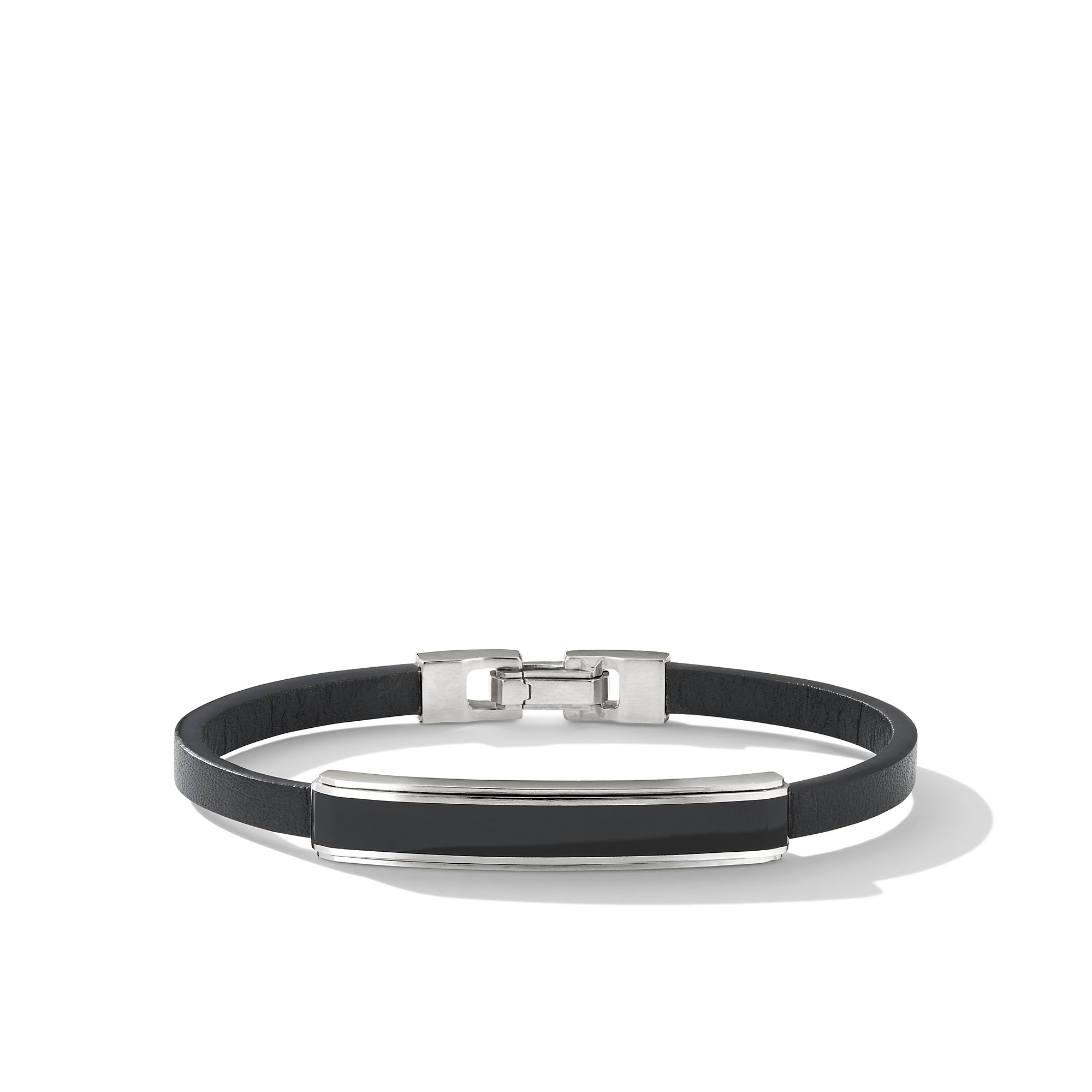 Deco Bar Station Bracelet in Black Leather with Sterling Silver and Black Onyx, 8.5mm