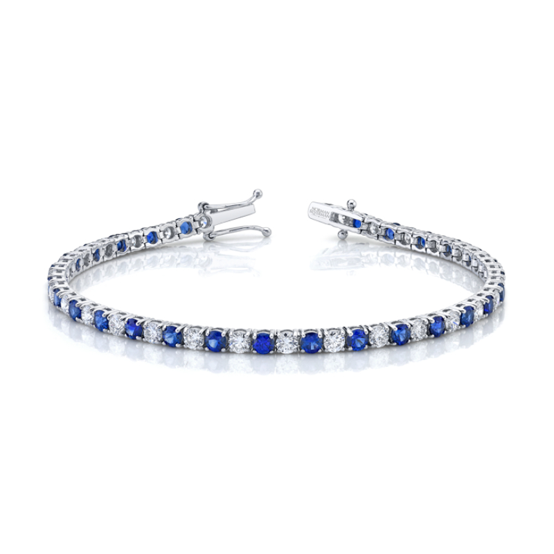 6.54 Carat 18k White Gold Diamond and Sapphire Straight Line Bracelet